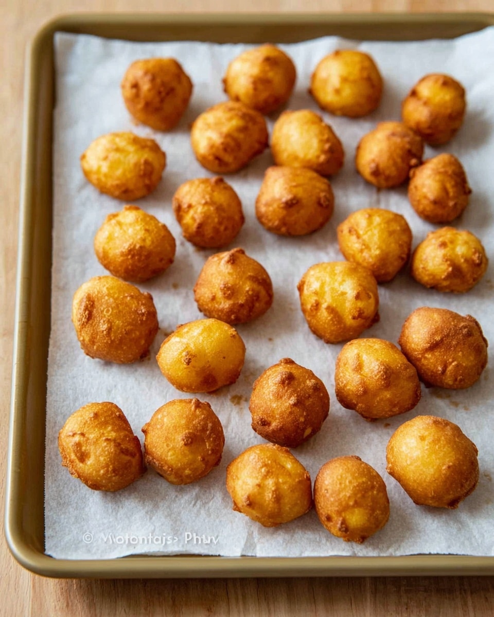A light tan baking tray holds about 23 small, round golden brown fried dough balls scattered on a sheet of white paper towel. Each piece has a slightly irregular shape with a bumpy, soft texture and a warm golden color with some darker browned spots. The pieces are evenly spread out on the tray with no stacking. The tray sits on a light wooden surface. photo taken with an iphone --ar 4:5 --v 7