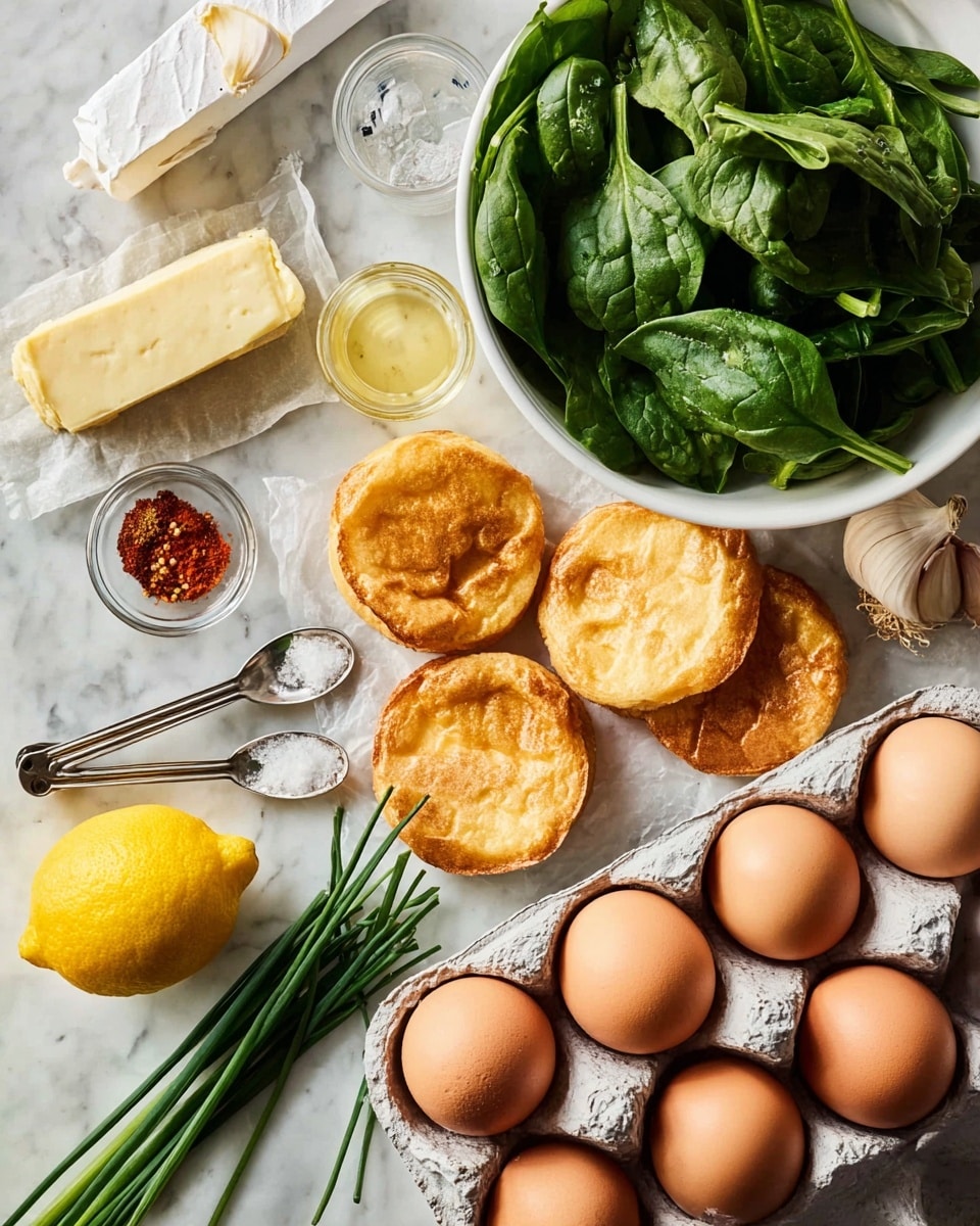 A top-down view of various cooking ingredients arranged on a white marbled surface, featuring a dozen brown eggs in an open gray cardboard carton on the bottom right, five light golden toasted English muffin halves spread out in the center, a white bowl filled with fresh dark green spinach leaves on the top right, a bright yellow whole lemon near the middle, a few fresh green chives laid out on the bottom left, three silver measuring spoons resting beside them, a small clear bowl containing red spice and a bit of yellow mustard on a small white dish, a stick of pale yellow butter wrapped in paper towards the top left, and two peeled garlic cloves near the top. Photo taken with an iphone --ar 4:5 --v 7
