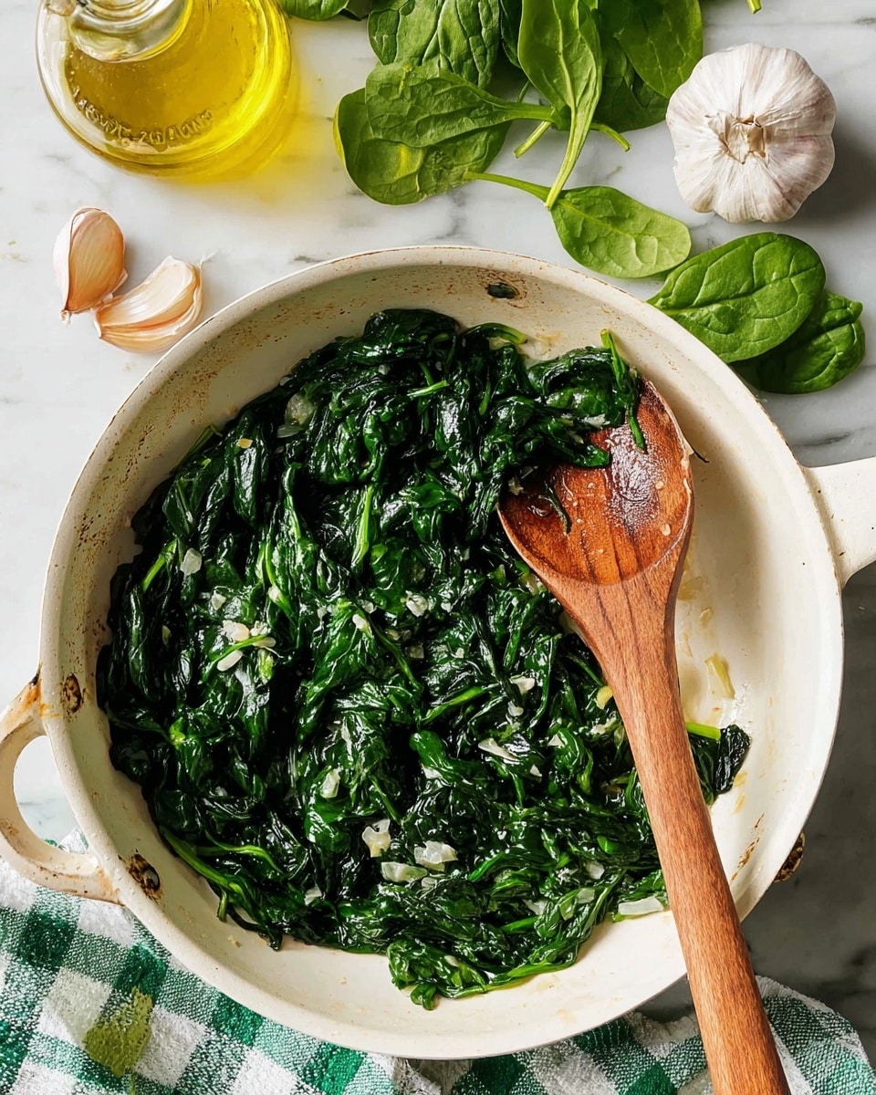 A white pan filled with cooked spinach shows dark green, wilted leaves with some shiny spots, mixed with small bits of garlic. A wooden spoon with a light brown tone rests diagonally inside the pan, partly covered by the spinach. Around the pan, there are fresh spinach leaves on the white marbled surface, a bulb and cloves of garlic, an olive oil bottle with golden yellow oil, and a green and white checkered cloth partially visible at the bottom. Photo taken with an iphone --ar 4:5 --v 7