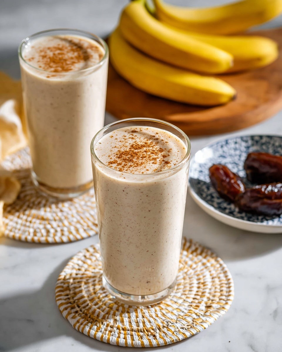 Two tall clear glasses hold a creamy light beige smoothie with tiny brown specks, topped with a sprinkle of cinnamon. Each glass sits on a round woven coaster with beige and white patterns, placed on a white marbled surface. Behind the glasses, three yellow bananas with brown spots rest on a wooden board. In the background to the right, a white plate with blue patterns holds three dark brown dates. The photo has soft, natural light and a clean, simple look photo taken with an iphone --ar 4:5 --v 7