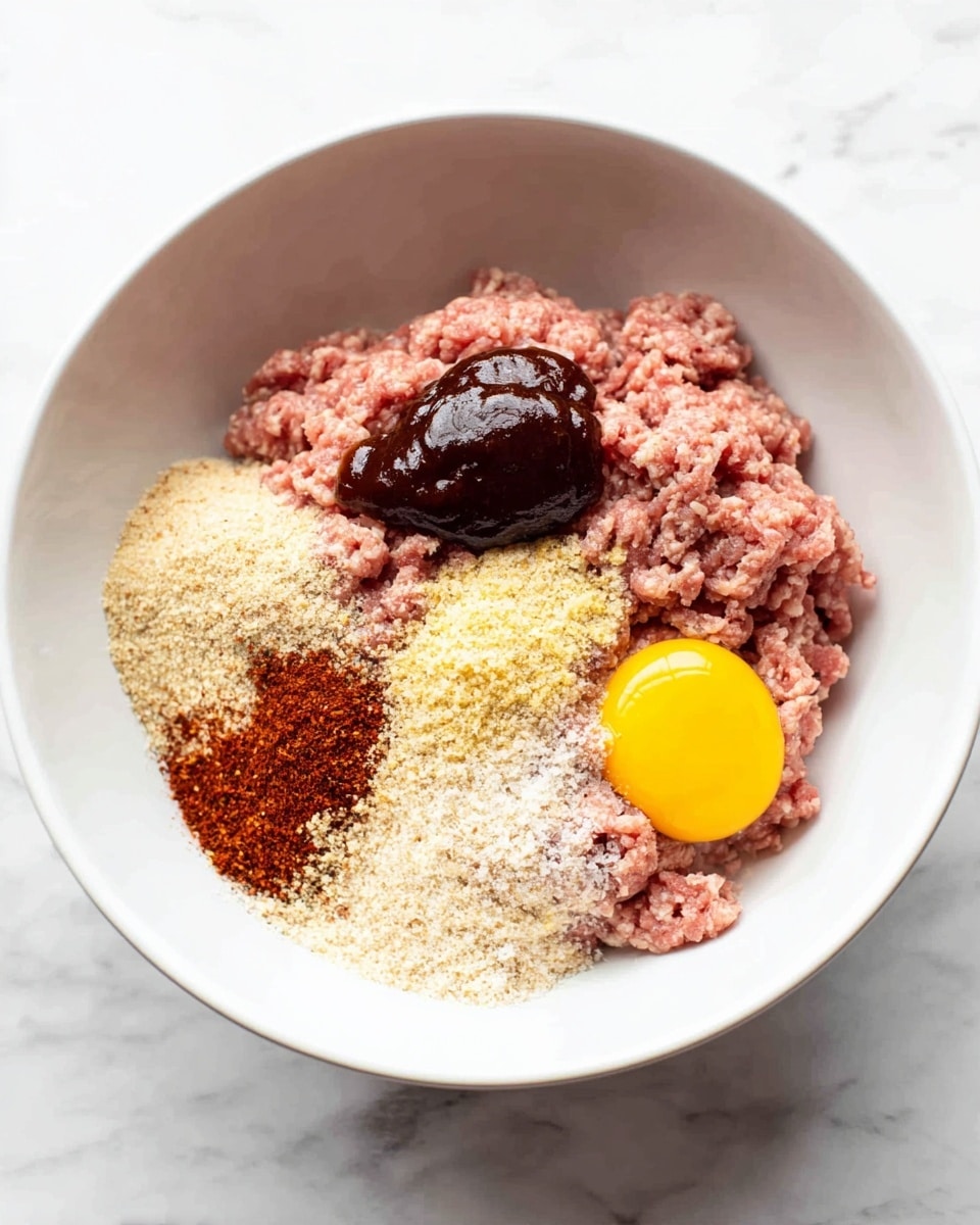 A white bowl on a white marbled surface holds several ingredients arranged separately. There is a large amount of light pink ground meat forming the base layer, with a yellow egg yolk sitting on one side. On top of the meat, there are small piles of fine beige breadcrumbs, a heap of reddish brown powder, white salt, and some light yellow granules. At the top center of the bowl, a dollop of dark brown thick sauce sits above the meat. The ingredients are clearly visible and not mixed. Photo taken with an iphone --ar 4:5 --v 7
