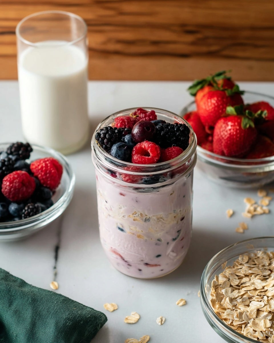 A clear glass jar filled with layers of creamy light pink yogurt mixed with oats and small berry pieces sits on a wooden surface. The jar is topped with whole fresh fruits including red raspberries, dark blackberries, blueberries, and sliced red strawberries. Around the jar, there are clear glass bowls, one filled with oats and another with more mixed blackberries, raspberries, and blueberries. A tall clear glass of white milk is positioned to the left of the jar. The entire scene is set on a white marbled textured surface with a green cloth partially visible in the bottom left corner. photo taken with an iphone --ar 4:5 --v 7