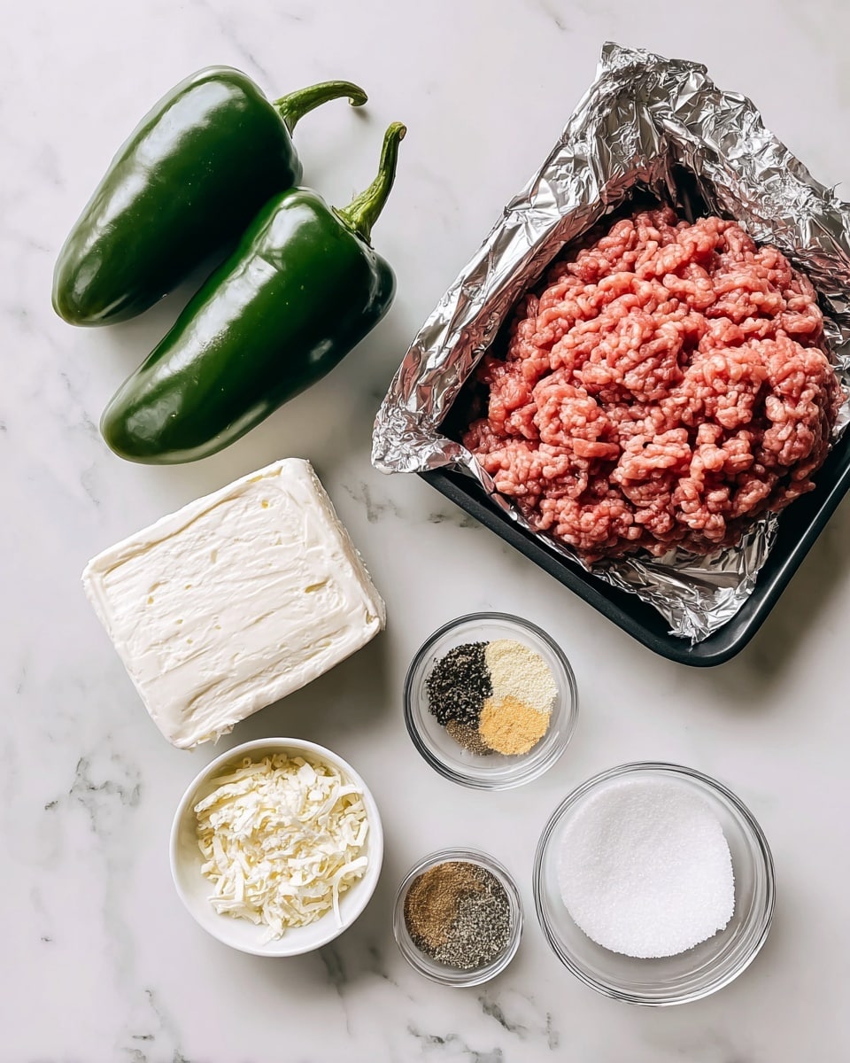 The image shows ingredients for making jalapeño popper burgers arranged neatly on a white marbled surface. There is a black tray filled with one pound of raw ground beef, sitting next to an open foil packet holding three ounces of white cream cheese with a smooth texture. Nearby, a small white bowl contains one to two fresh or roasted green jalapeños, some shiny and smooth, while others are darker and wrinkled. A tiny clear bowl holds a mixture of three powders with light yellow, white, and black colors, representing garlic powder, onion powder, and black pepper. Another small clear bowl contains a fine white grainy salt. The ingredients are spaced out evenly and lit brightly, highlighting the different textures and colors clearly. Photo taken with an iphone --ar 4:5 --v 7