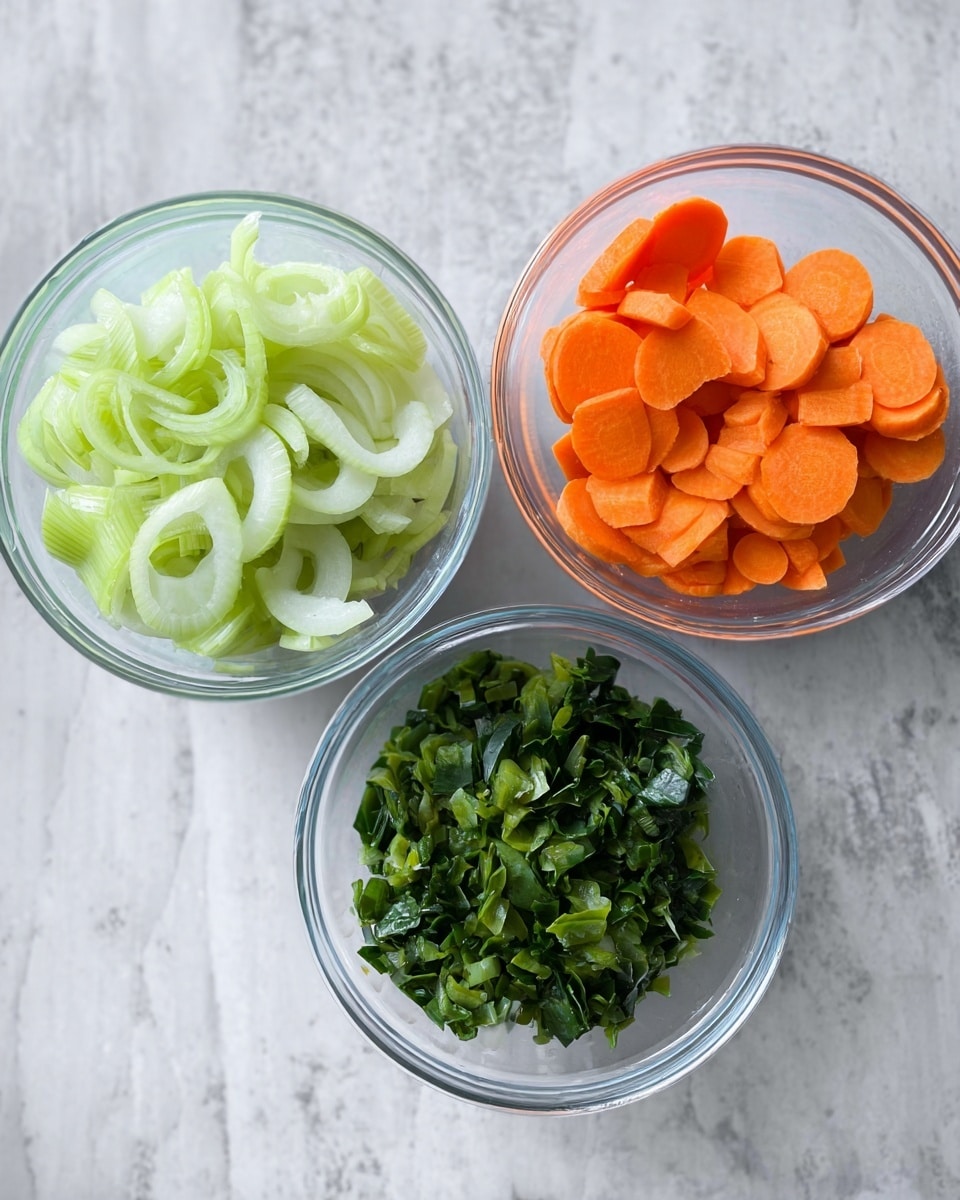 The image shows three clear glass bowls arranged on a white marbled surface. The top left bowl contains thinly sliced pale green and white celery, showing a light and slightly translucent texture. The top right bowl holds bright orange carrot slices, cut into thick, round pieces with a smooth texture. The bottom bowl is filled with dark green leafy vegetables, chopped into small pieces with a slightly shiny and fresh look. The bowls are spaced evenly, and the overall colors contrast nicely against the white marbled texture beneath them. Photo taken with an iphone --ar 4:5 --v 7