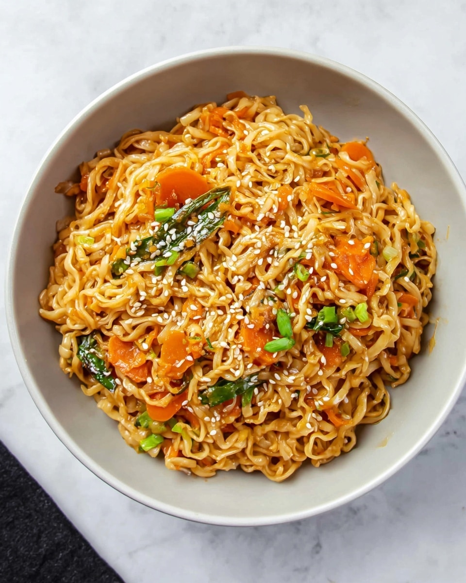 A round mound of noodles mixed with small orange carrot slices and green bits of chopped vegetables sits in the center of a white bowl. The noodles are light brown, coated in a sauce, and scattered with small white sesame seeds on top. The carrot pieces and green vegetable bits are spread evenly throughout the dish, giving a colorful contrast. The bowl is placed on a white marbled surface, which adds a clean and soft background to the image. The photo was taken with an iphone --ar 4:5 --v 7