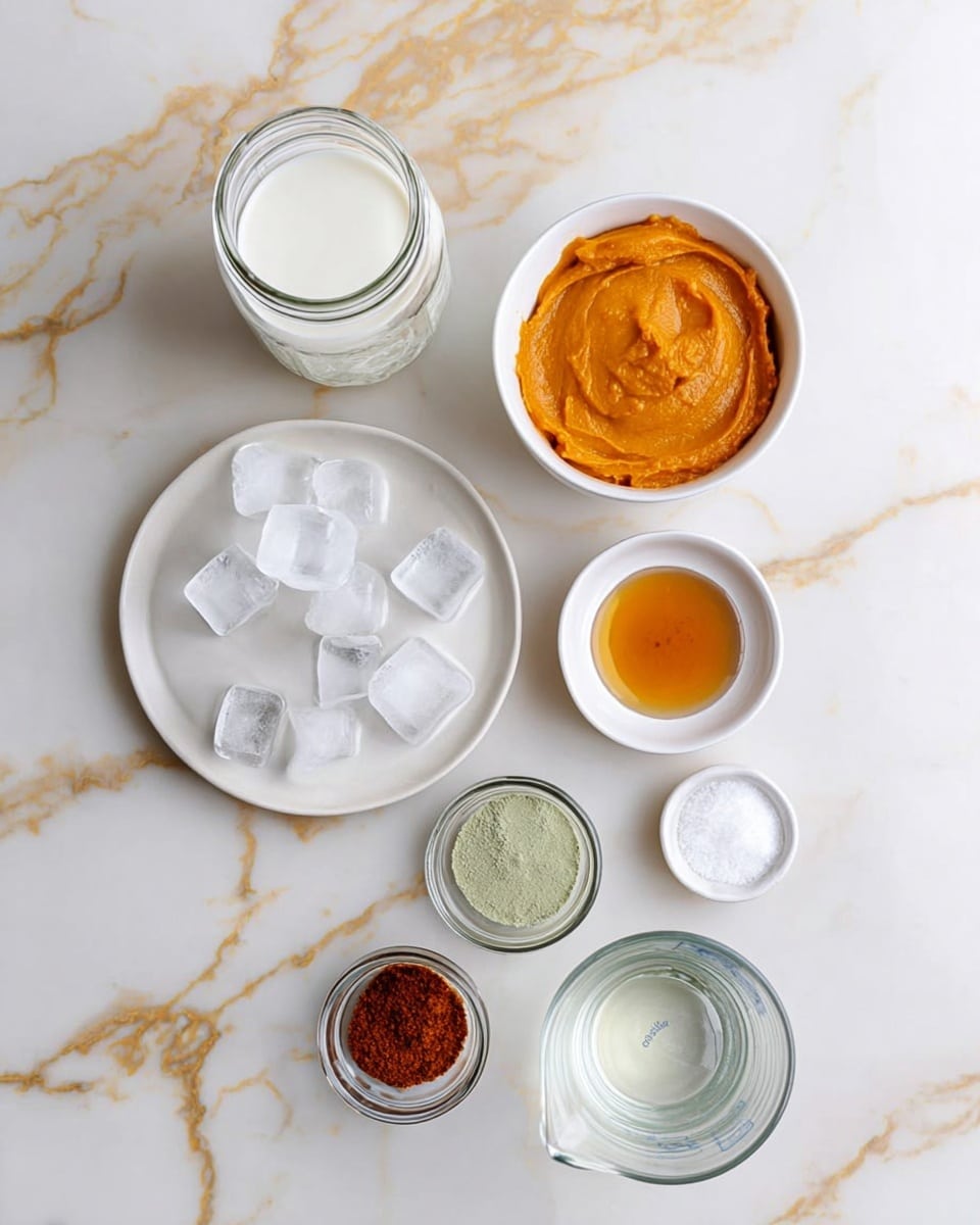The image shows seven ingredients arranged on a white marbled surface with gold streaks. There is a tall glass jar filled with white liquid standing upright near the top left. To its right, a white bowl holds a thick layer of smooth orange puree. Below, a small white plate carries a layer of amber-colored syrup. Next to it, two tiny glass jars are placed on another small white plate; one jar contains a light green powder and the other has a reddish-brown powder. Below these, a white bowl holds several transparent ice cubes. Nearby, a small glass bowl contains white granulated sugar, and next to it is a clear glass measuring cup with a light transparent liquid. photo taken with an iphone --ar 4:5 --v 7