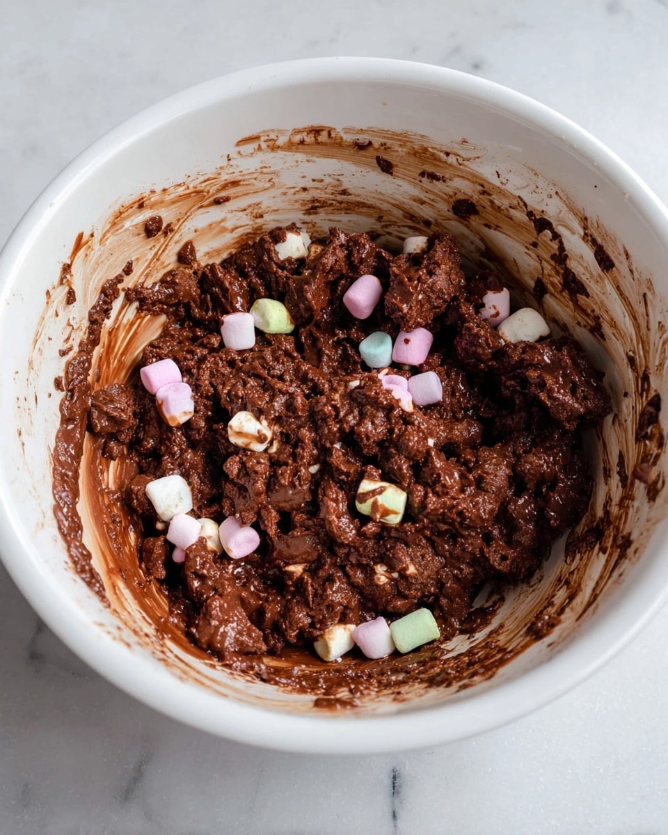 A white bowl filled with a thick dark brown chocolate mixture, chunky in texture with small colorful marshmallows scattered within it; the inside edges of the bowl are smeared with some of the chocolate mixture, showing a rich, sticky consistency; the bowl is placed on a white marbled surface photo taken with an iphone --ar 4:5 --v 7