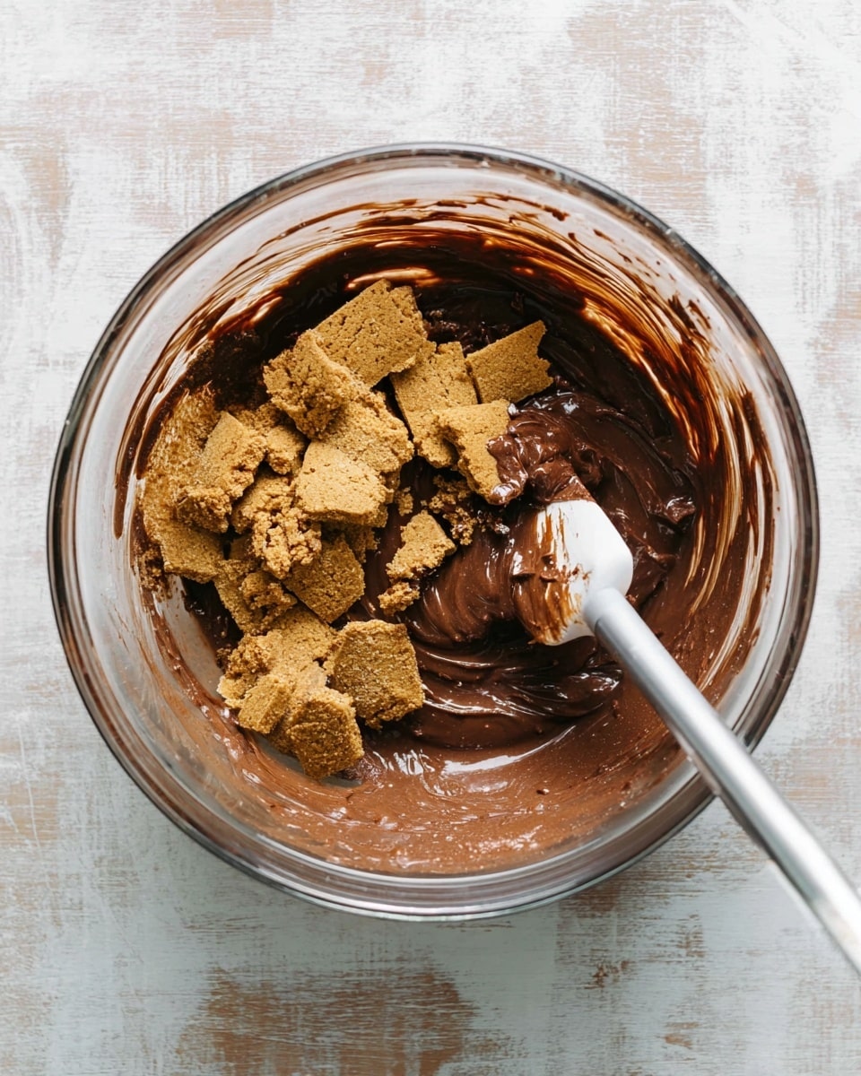 A clear glass bowl shows a thick, dark brown chocolate mixture on one side. On top of the mixture, there are broken pieces of light brown cookies with rough edges. A white spatula with some chocolate on it rests inside the bowl. The bowl is on a white marbled textured surface. photo taken with an iphone --ar 4:5 --v 7