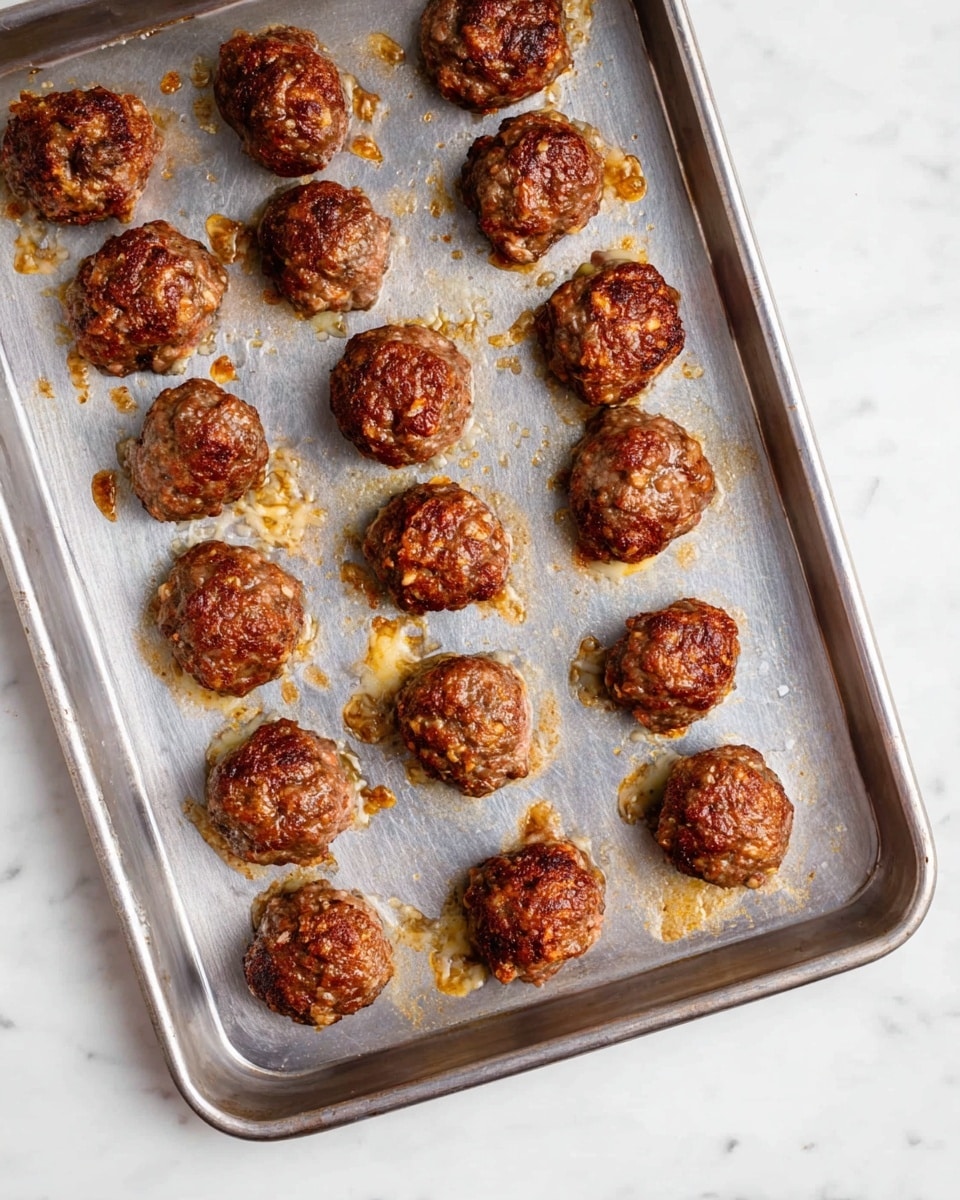 The image shows a silver metal baking sheet with twenty small, round meatballs spaced evenly in four rows of five. Each meatball has a browned, crispy texture with small bits of seasoning or onion visible on the surface. Some meatballs have slightly melted cheese or grease oozing from their sides, creating shiny patches on the baking sheet. The baking sheet rests on a white marbled surface. photo taken with an iphone --ar 4:5 --v 7