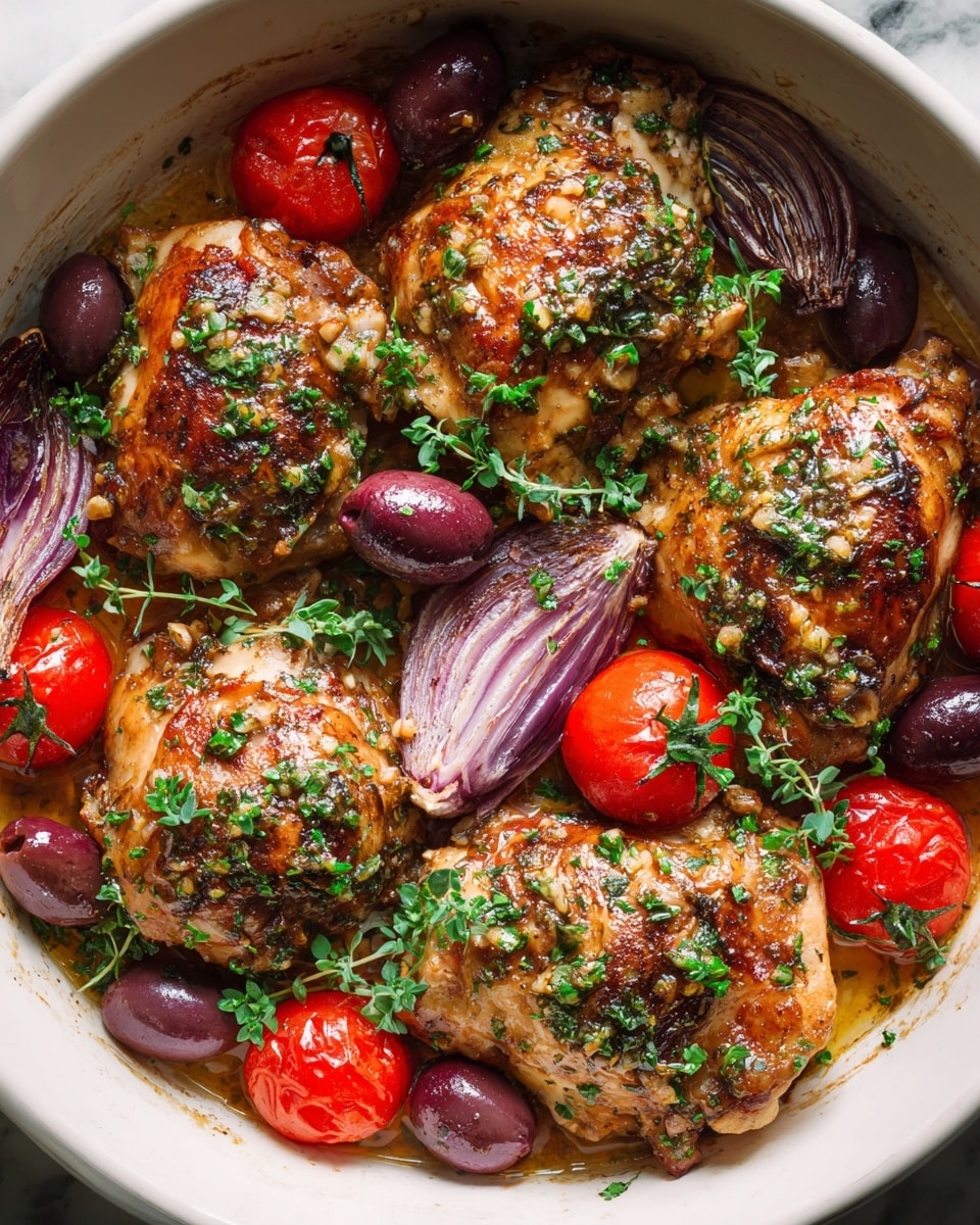 A white round dish filled with four golden-brown roasted chicken pieces, each topped with chopped green herbs. Surrounding the chicken are whole bright red roasted cherry tomatoes, deep purple olives, and wedges of roasted red onion with a slightly charred texture. The dish is coated in a light, glossy sauce that adds a shiny finish, and small green herb leaves are scattered evenly on top. The background surface is white marble. photo taken with an iphone --ar 4:5 --v 7
