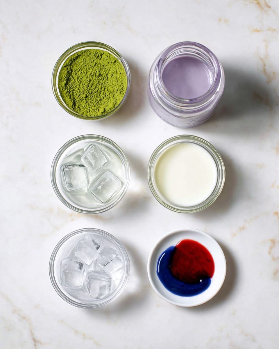 The image shows six small clear glass bowls and a small white plate arranged neatly on a white marbled surface. Starting from the top left, a bowl filled with bright green matcha powder has a slightly rough texture. To its right, there is a glass jar with light purple liquid that looks smooth and transparent. Below these, two glass bowls hold white liquids – the left one is slightly more opaque while the right one is creamier with a smooth surface. At the bottom left, a glass bowl is filled with clear ice cubes, shiny and translucent. Finally, a small white plate on the bottom right holds thick red and blue sauces, side by side and glossy, without mixing. The photo taken with an iphone --ar 4:5 --v 7