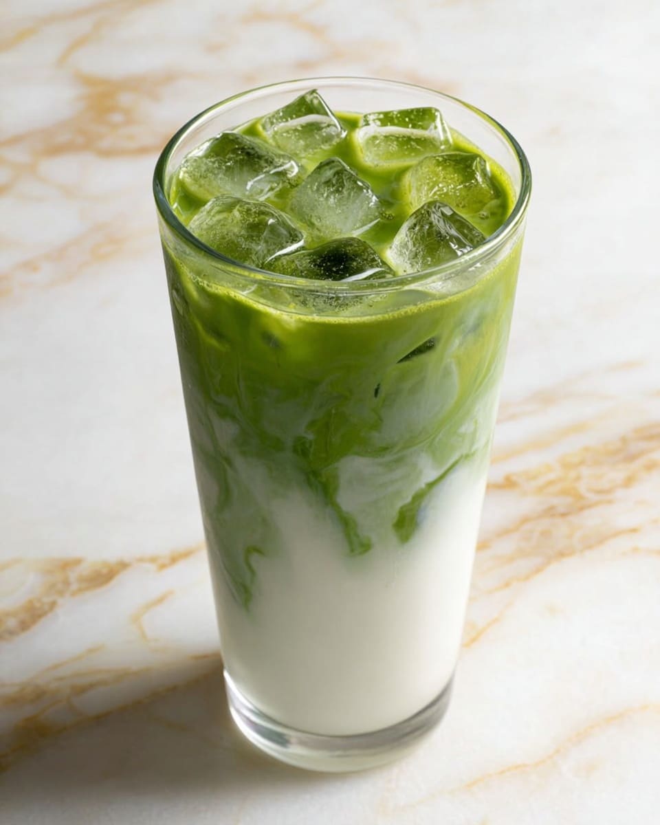 A tall clear glass filled with two layers of liquid and ice cubes at the top. The bottom layer is white and smooth, filling about two-thirds of the glass. Above it, a bright green layer that looks like matcha mixes gently with the white below, creating soft swirls where the two colors meet. The glass sits on a white marbled surface with light gold veins. The ice cubes on top are clear and sharply defined. photo taken with an iphone --ar 4:5 --v 7
