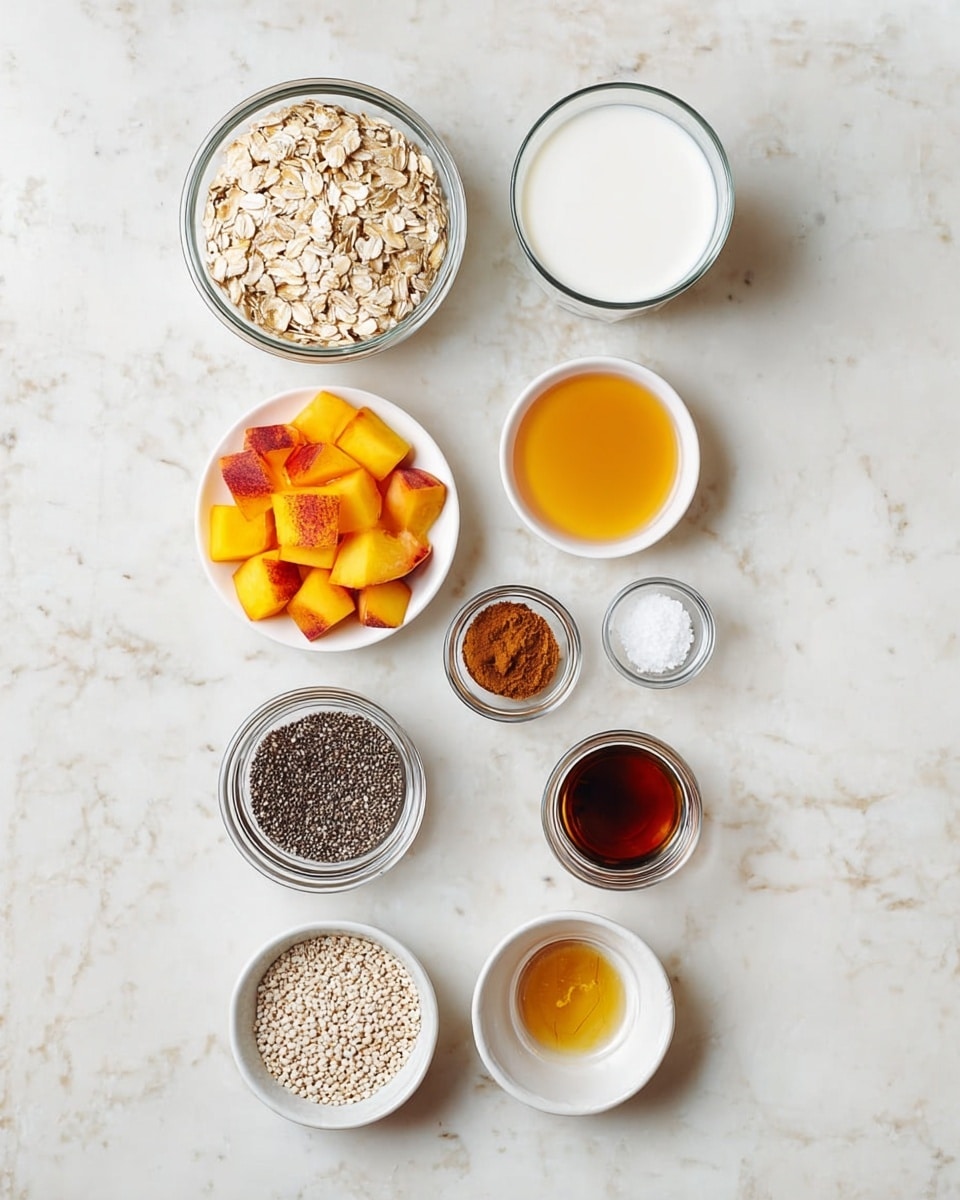 The image shows nine small white bowls and glass jars on a white marbled surface, each filled with a different ingredient. From top to bottom and left to right: a glass bowl filled with light beige rolled oats, a small glass jar filled with white milk, a white plate with diced peach pieces showing orange and yellow colors, a small glass bowl with amber honey, a tiny white bowl with brown cinnamon powder, a medium glass bowl with small black and white chia seeds, a tiny glass jar with dark brown vanilla extract, a tiny white bowl filled with golden syrup, and a tiny white bowl with white salt crystals. photo taken with an iphone --ar 4:5 --v 7