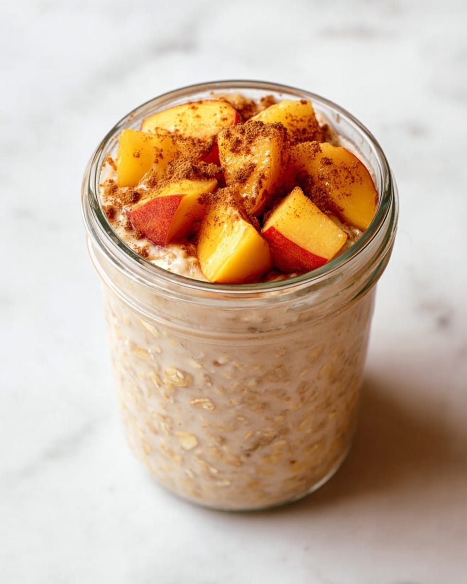 A clear glass jar filled with creamy oatmeal showing a smooth and slightly thick texture with visible oats inside, topped with chunks of fresh peach pieces that are orange-yellow with red edges, sprinkled with a layer of brown cinnamon powder on top, sitting on a white marbled surface. photo taken with an iphone --ar 4:5 --v 7