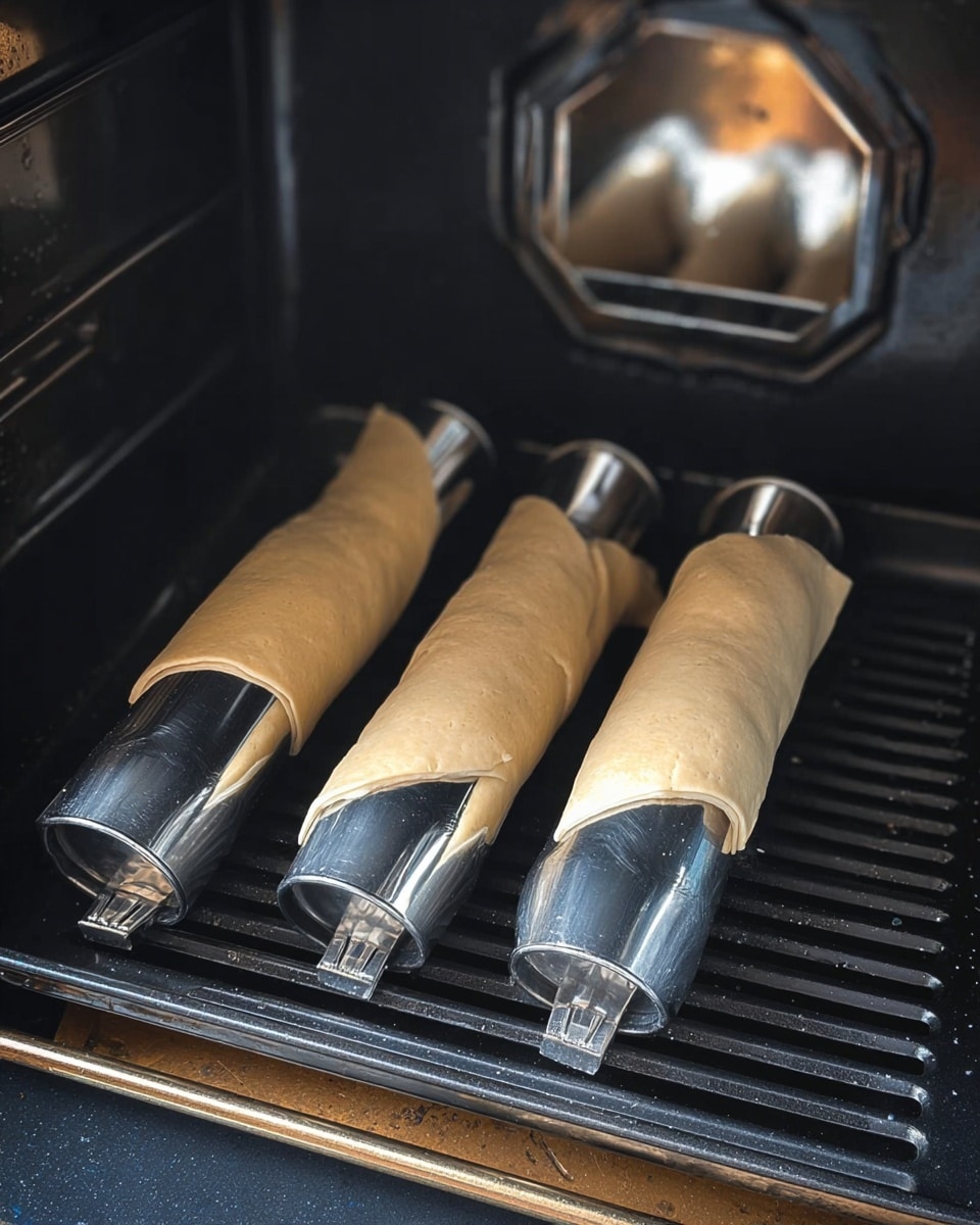Three rolled dough pieces, light brown and smooth in texture, are each wrapped around shiny silver cylindrical metal molds. These molds are placed on a black grill tray with evenly spaced slots inside a dark oven. The dough wraps cover most of the molds but leave the ends exposed. The oven walls are dark with a small window at the bottom showing a reflective surface beneath. photo taken with an iphone --ar 4:5 --v 7