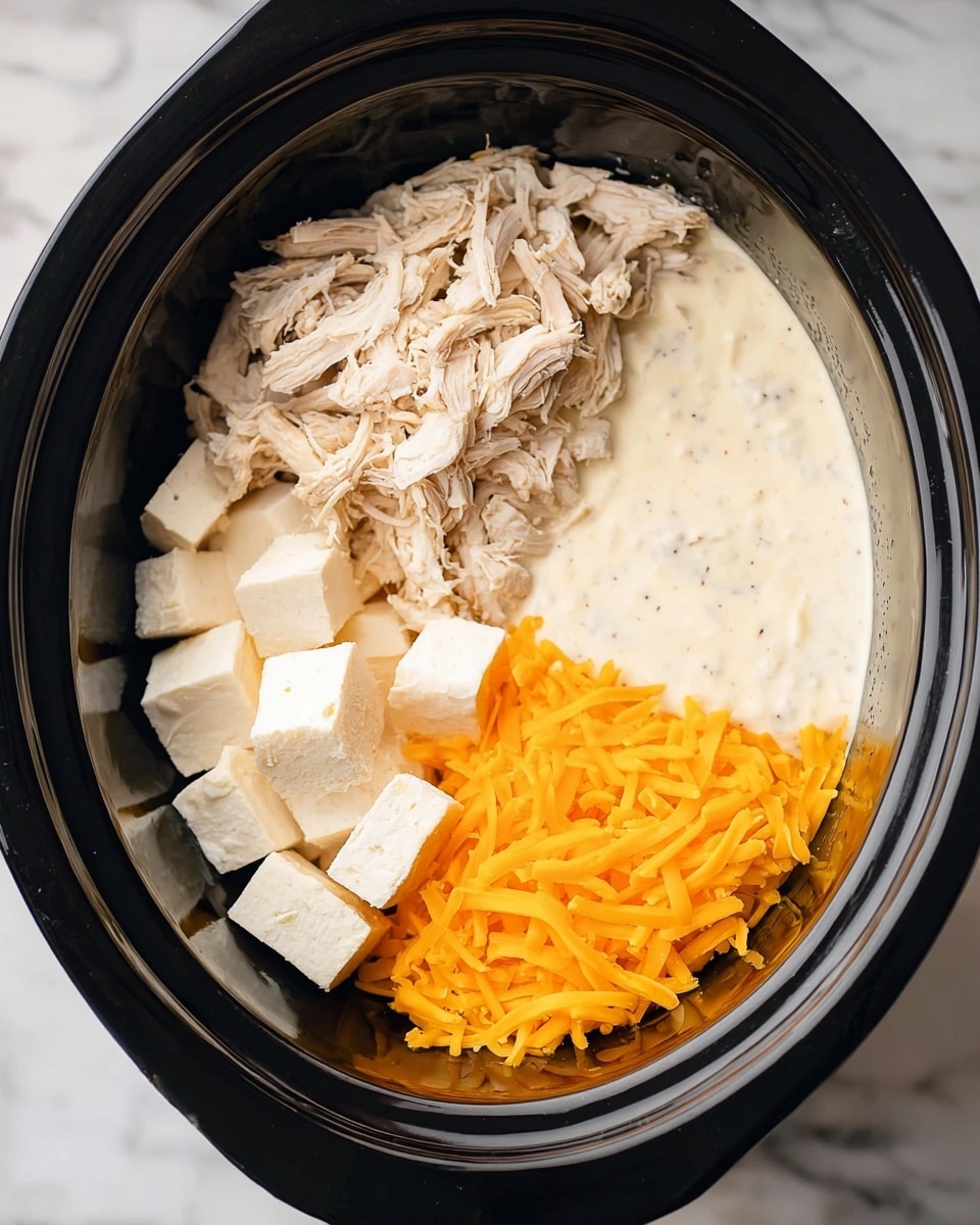 Inside a black slow cooker, there are four main layers of food. On the top right is a creamy white sauce with small black specks, smooth in texture. Next to it on the left is a pile of shredded pale beige chicken. Below the sauce and chicken, at the bottom left, there are white cubes of soft cheese stacked together. At the bottom right, filling the space under the chicken and cheese, is a bright and finely shredded layer of orange cheddar cheese. The slow cooker is placed on a white marbled surface. Photo taken with an iphone --ar 4:5 --v 7
