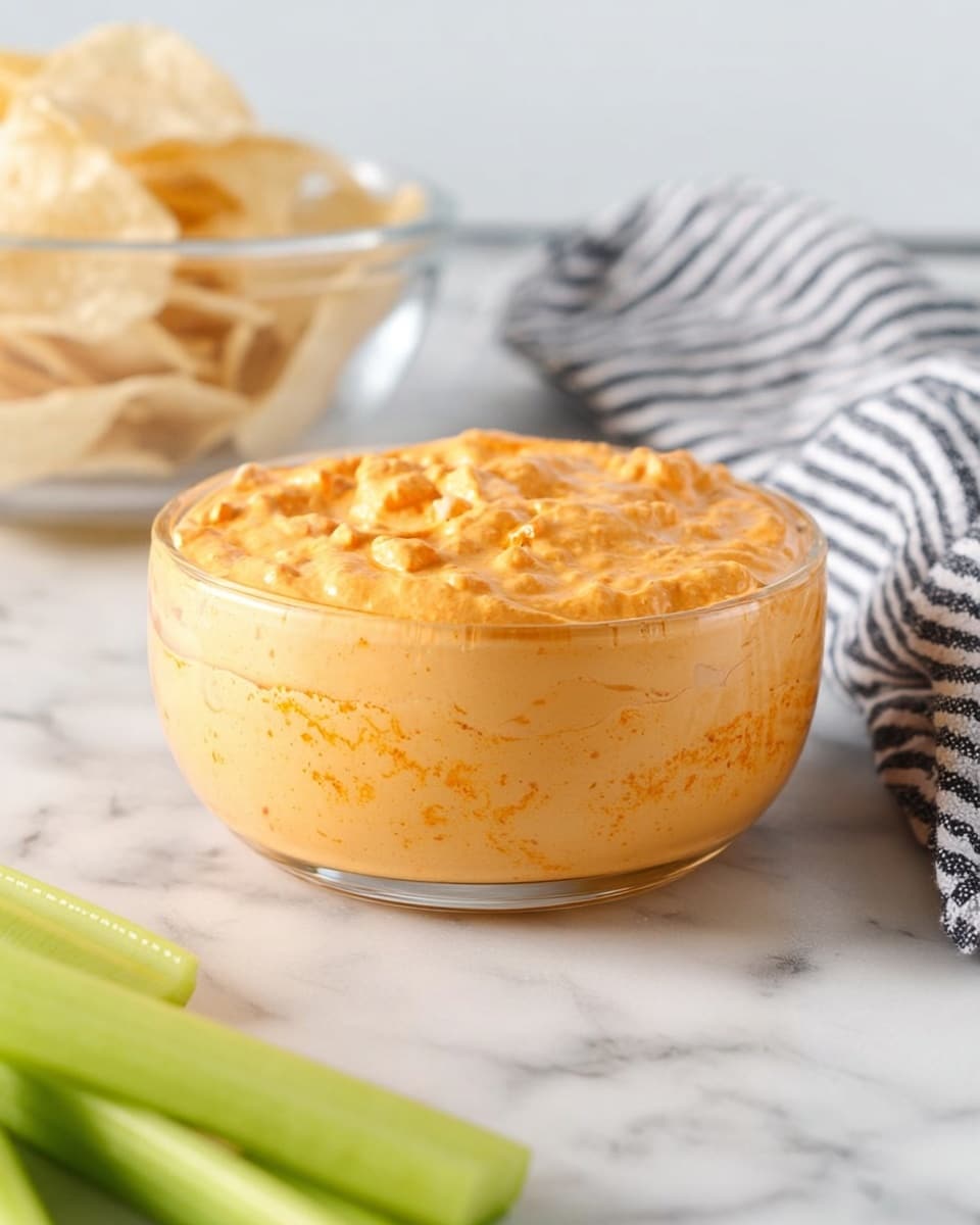 A glass bowl filled with one thick, creamy layer of bright orange dip, which has a slightly rough texture with visible small chunks, sitting on a white marbled surface. Behind the bowl to the left is a clear glass bowl filled with pale, light beige chips. To the right and slightly behind is a black and white striped cloth. In front, in the lower right corner, there are crisp light green celery sticks slightly out of focus. The photo taken with an iphone --ar 4:5 --v 7