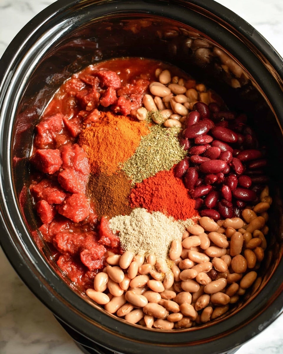 Inside a black slow cooker, there are several layers of ingredients. At the bottom and around the edges, there are chunks of dark red tomatoes with a thick texture. On top of these, there are light tan beans and reddish-brown beans mostly piled on one side. In the center, there are three different piles of powdered spices: one is a bright orange-red, another is a greenish-brown, and the last is a beige powder. The slow cooker sits on a white marbled surface. photo taken with an iphone --ar 4:5 --v 7
