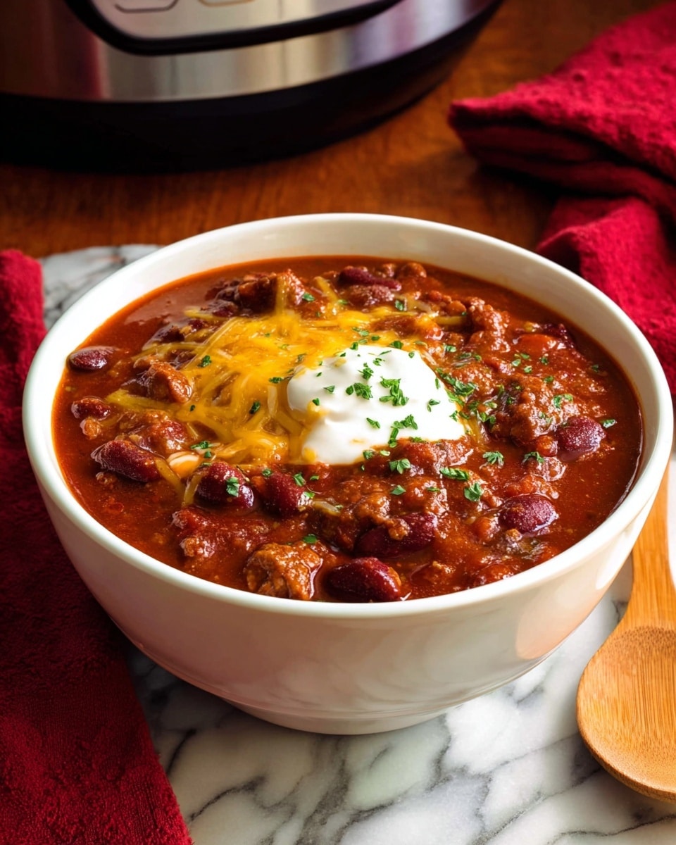 A white bowl filled with thick chili that has a deep red-brown color with visible chunks of beans and meat throughout. The chili is topped with a layer of melted yellow cheddar cheese and a dollop of white sour cream in the center, sprinkled with small green chopped herbs. The bowl sits on a wooden surface next to a wooden spoon and a red cloth napkin, with a blurred metal slow cooker in the background. The surface is changed to a white marbled texture. photo taken with an iphone --ar 4:5 --v 7