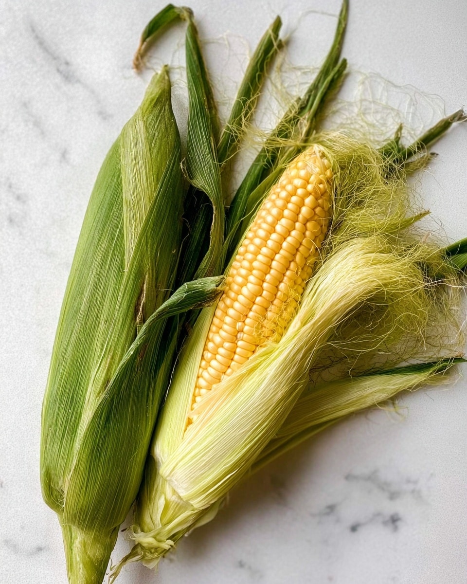 The image shows an ear of corn with its husk partially peeled back revealing bright yellow kernels in neat rows. Around the ear, several layers of green husk leaves with some light yellow corn silk strands are spread out loosely on a white marbled surface. The husk leaves have a smooth texture with some natural folds and creases. photo taken with an iphone --ar 4:5 --v 7
