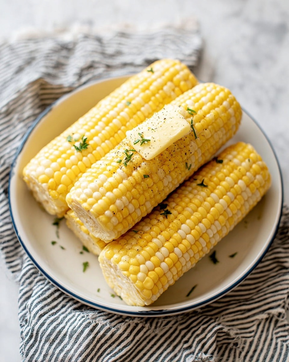 Four pieces of cooked corn on the cob are stacked in a white bowl with a thin blue rim. The top piece has a pat of melting yellow butter sprinkled with black pepper and small green herb leaves. The corn kernels are pale yellow and neatly arranged in rows. The bowl is placed on a black and white striped cloth on a white marbled surface. The lighting is bright and natural, making the details clear. Photo taken with an iphone --ar 4:5 --v 7