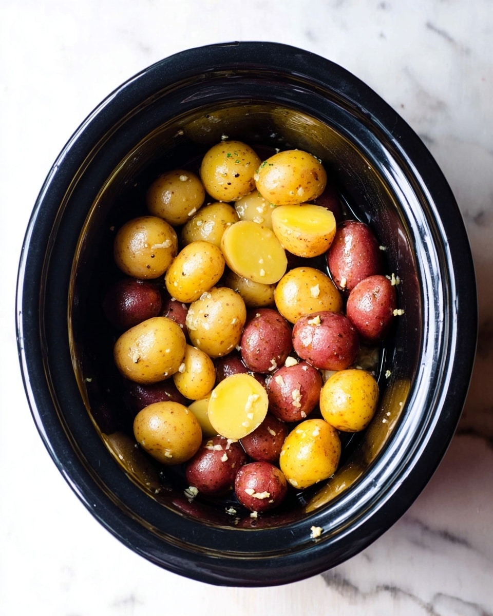 Inside a black slow cooker, there are two types of small potatoes, yellow and red. Some potatoes are whole and some are cut in half, showing their smooth light yellow inside. The potatoes have small bits of minced garlic sprinkled on top and appear shiny with oil. The slow cooker sits on a white marbled surface. Photo taken with an iphone --ar 4:5 --v 7