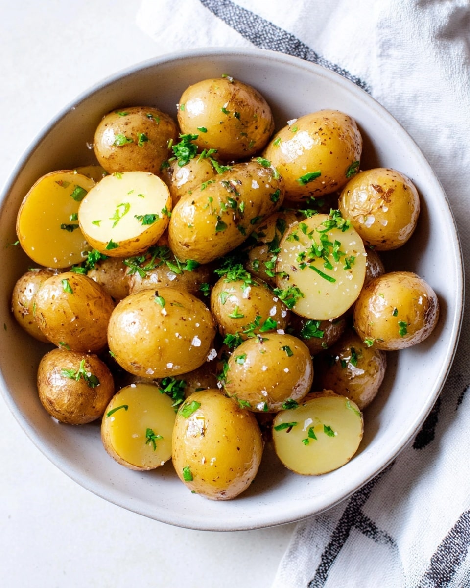 In a white bowl on a white marbled background, there are about three layers of small golden baby potatoes, some whole and some cut in half showing a smooth, pale yellow inside. The potatoes have a shiny, slightly speckled light brown skin with small black pepper spots. Bright green chopped herbs are sprinkled evenly over the potatoes, with coarse grains of white salt scattered on top, making the dish look fresh and savory. The bowl is resting on a white cloth with thin dark stripes. photo taken with an iphone --ar 4:5 --v 7