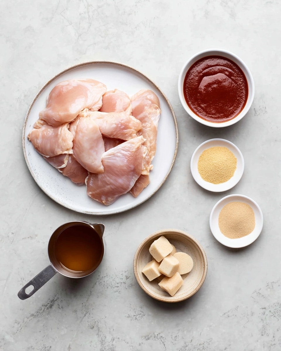 The image shows a white plate filled with several pieces of raw pale pink chicken on the left side, placed on a white marbled surface. To the right, there are four small containers arranged in two rows: the top left has a white bowl filled with a smooth dark red sauce, next to it on the right is a small white dish with two types of light yellow powder, and below these, a metal measuring cup filled with brown liquid sits on the left while a small round beige bowl holds three beige-colored cubes or disks. The overall look is clean and organized, featuring fresh ingredients ready for cooking, photo taken with an iphone --ar 4:5 --v 7