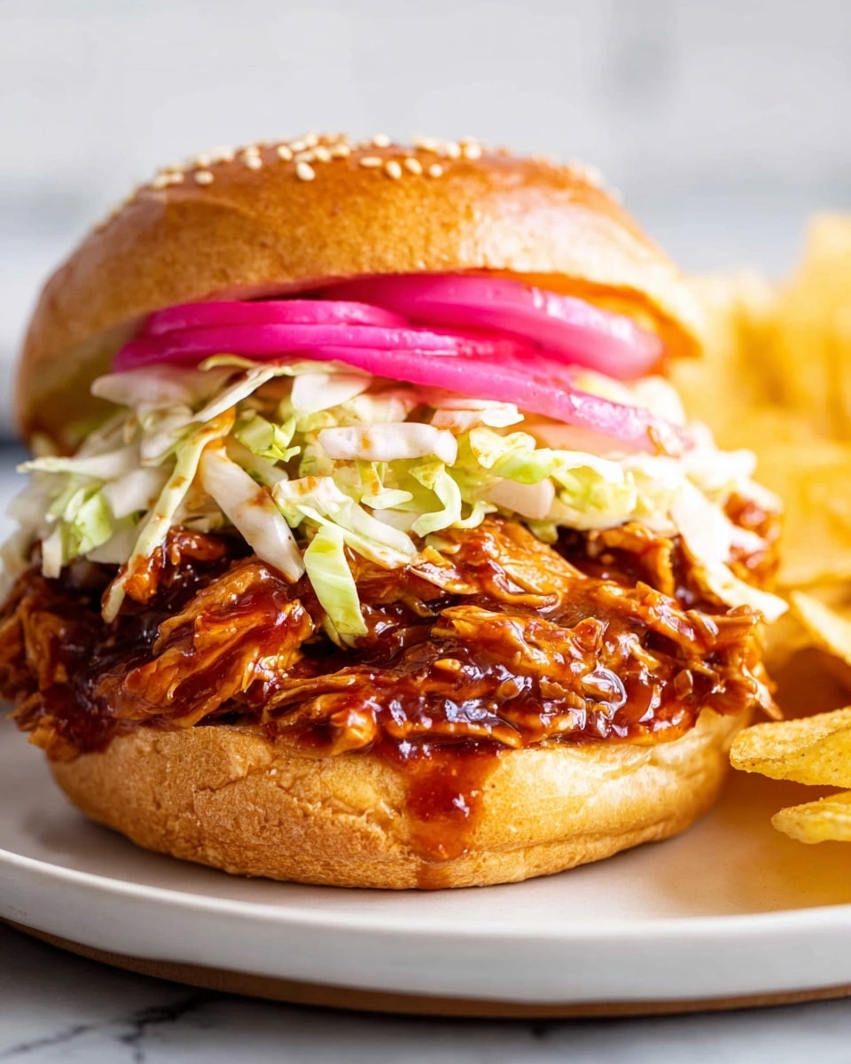 A sandwich with three main layers on a white plate set on a white marbled surface. The bottom layer is a soft sesame seed bun with a golden brown color. On top of that is a thick layer of shredded meat coated in a rich, dark reddish-brown sauce that looks moist and sticky. Above the meat is a layer of shredded light green cabbage mixed with white pieces of slaw. The top layer features thin slices of bright pink pickled onions, finished with the golden brown sesame seed bun. There are thick, light yellow potato chips placed to the right of the sandwich. Photo taken with an iphone --ar 4:5 --v 7