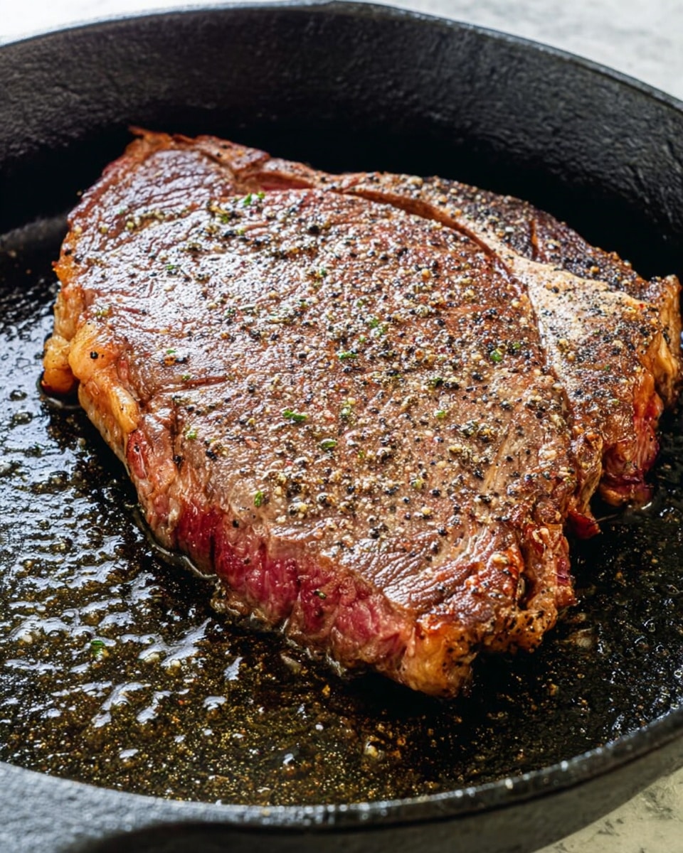 A thick piece of cooked steak sits in a black cast iron pan, with a browned and slightly crispy outer layer covered evenly in coarse black pepper and salt. The steak shows some light grill marks and a few visible juices around the edges, with a mix of brown, pink, and reddish tones. The pan’s surface is glistening with small pools of oil and seasoning, which adds texture and shine to the dish. The background is a white marbled texture. photo taken with an iphone --ar 4:5 --v 7