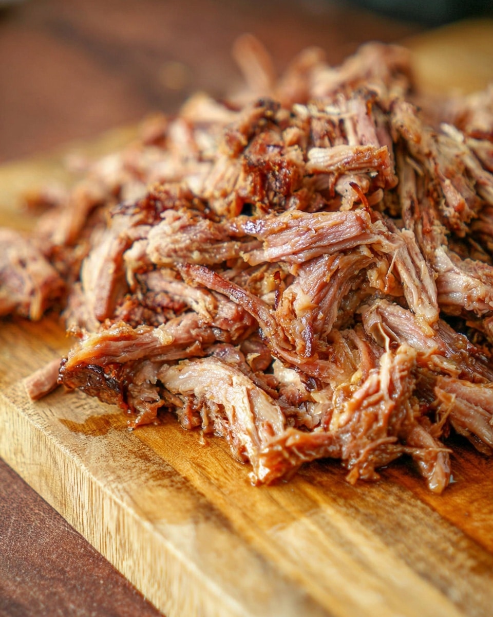 This image shows a pile of shredded cooked meat on a wooden board. The meat pieces vary in size, with some long narrow strips and some chunkier bits, all showing a mix of light brown and darker brown colors. The texture looks moist and tender, with visible fibers and some shiny spots from the juice. The wooden board beneath has a warm, natural wood tone with visible grain patterns. The background is a blurred brown surface. Photo taken with an iphone --ar 4:5 --v 7