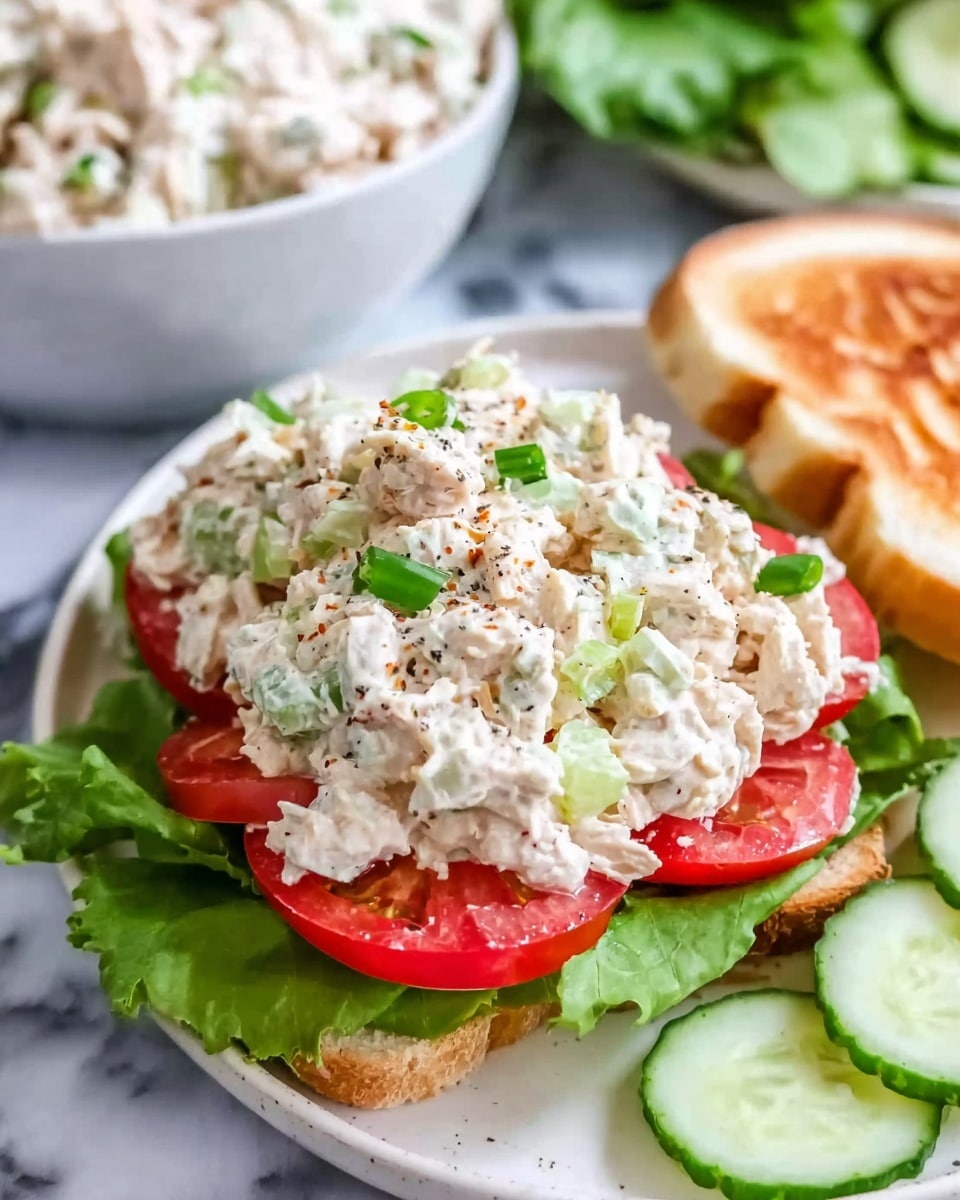 The image shows a sandwich open-faced on a white plate with a white marbled surface. The bottom layer of the sandwich is fresh green leafy lettuce, topped with slices of bright red tomatoes arranged evenly across the lettuce. On top of the tomatoes, there is a thick layer of creamy chicken salad mixed with bits of celery and sprinkled with black pepper and chopped green onions. To the right side of the sandwich, part of a toasted sandwich top is visible with a golden brown color and flaky texture. On the white plate next to the sandwich, there are slices of cucumber with light green skin and soft texture. In the background, there is a white bowl filled with more of the creamy chicken salad. Photo taken with an iphone --ar 4:5 --v 7