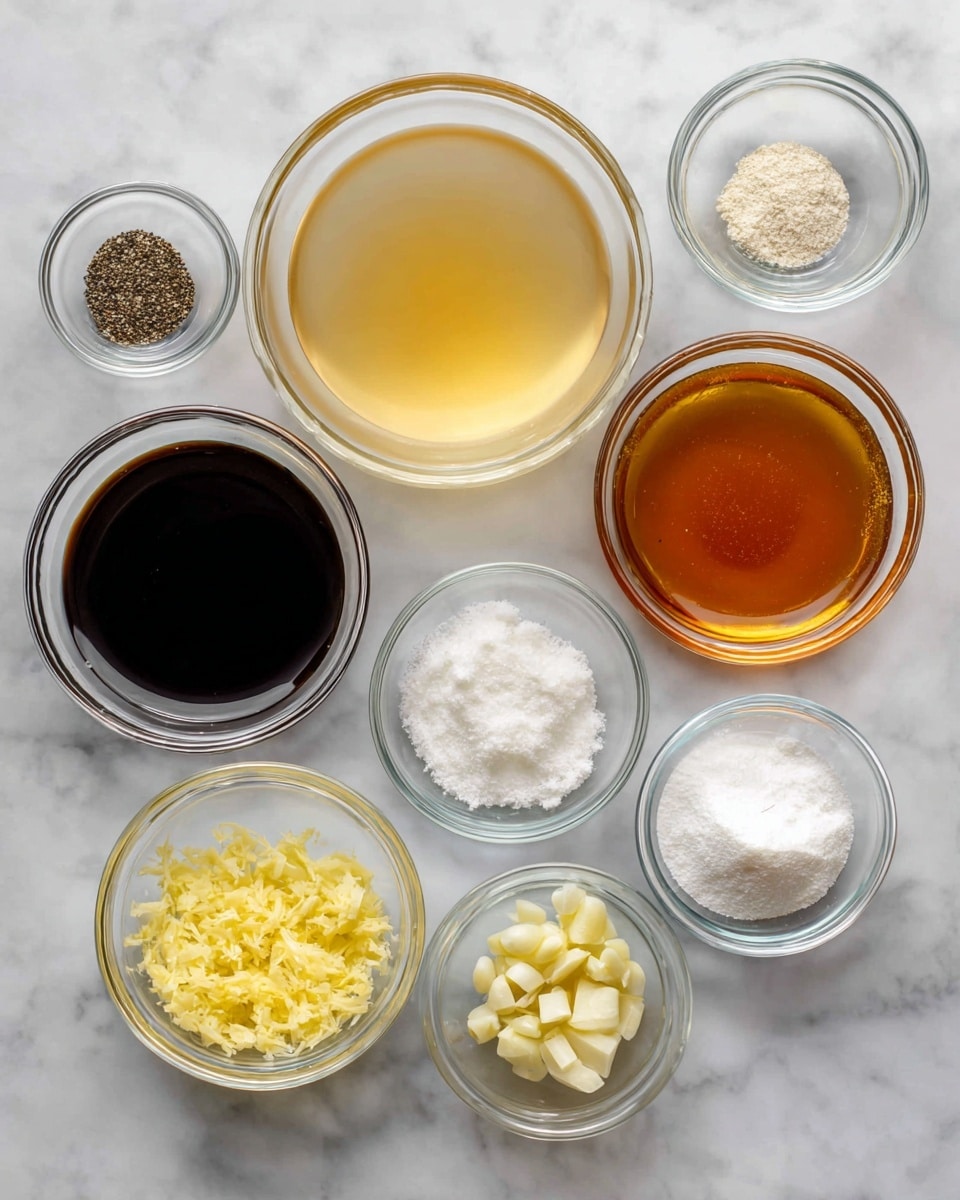 The image shows nine clear glass bowls placed on a white marbled surface, each filled with different ingredients. At the top center is a large bowl with light golden chicken broth, below it to the left is a medium bowl with dark soy sauce, and to the right is a medium bowl with amber honey. In the middle row, from left to right, there are smaller bowls holding coarse black pepper, clear water, and white cornstarch powder. At the bottom row, from left to right, there is a small bowl of chopped pale yellow garlic, a small bowl of white salt, and a small bowl of finely grated yellow ginger. The bowls are neatly arranged with labels above or on them naming each ingredient. Photo taken with an iphone --ar 4:5 --v 7
