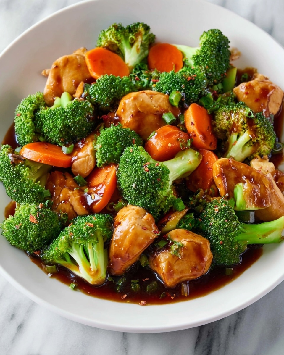 The dish shows a mix of three main layers on a white plate: bright green broccoli florets, thick orange carrot slices, and chunky pieces of light brown cooked chicken, all coated evenly with a shiny, dark brown sauce that looks rich and sticky. The broccoli pieces have a rough, textured surface with tiny buds, while the carrot slices are smooth and round. The chicken pieces have a soft, slightly uneven texture and are scattered throughout. The sauce adds a glossy shine, pooling slightly at the bottom and clinging to the vegetables and chicken, making the colors look deeper and more vibrant. The plate sits on a white marbled surface. photo taken with an iphone --ar 4:5 --v 7