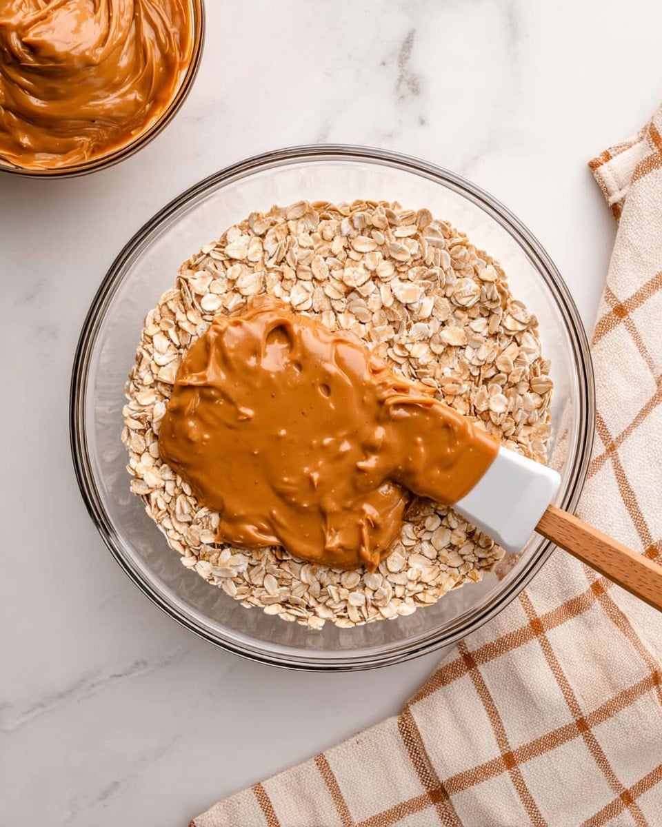 A clear glass bowl filled with a base layer of light beige oat flakes, topped with a thick smooth layer of shiny light brown peanut butter spread unevenly over oats, a white spatula with a wooden handle resting on the edge of the bowl partially covered by the peanut butter, placed on a white marbled surface with a checkered light beige and white cloth on the right side and a smaller glass bowl filled with more peanut butter on the top left corner, photo taken with an iphone --ar 4:5 --v 7