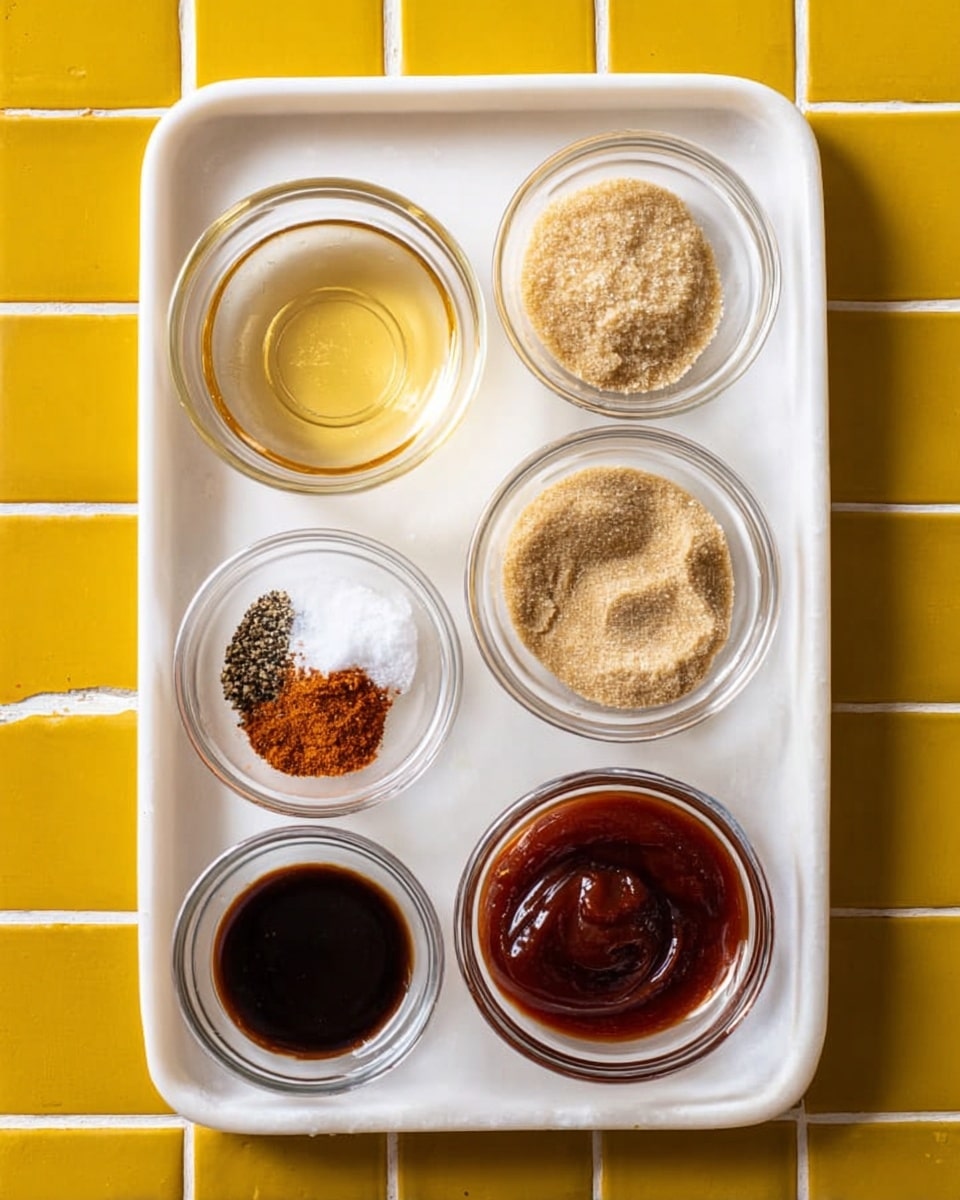 A white tray holds six small clear glass bowls arranged neatly on a white marbled surface with bright yellow tiles in the background. In the top center bowl is a light golden liquid, smooth and clear. To the top right is a bowl filled with light brown sugar, textured and soft-looking with swirled patterns on its surface. The middle left bowl contains white salt and black pepper sitting side by side. Below it, a small bowl has three spices with different colors: brown, dark brown, and orange-red, each forming a small heap. At the bottom left, a bowl holds a dark brown liquid, smooth and shiny. Lastly, the bottom right bowl contains a thick dark reddish-brown sauce, with gentle swirls on top. Photo taken with an iphone --ar 4:5 --v 7