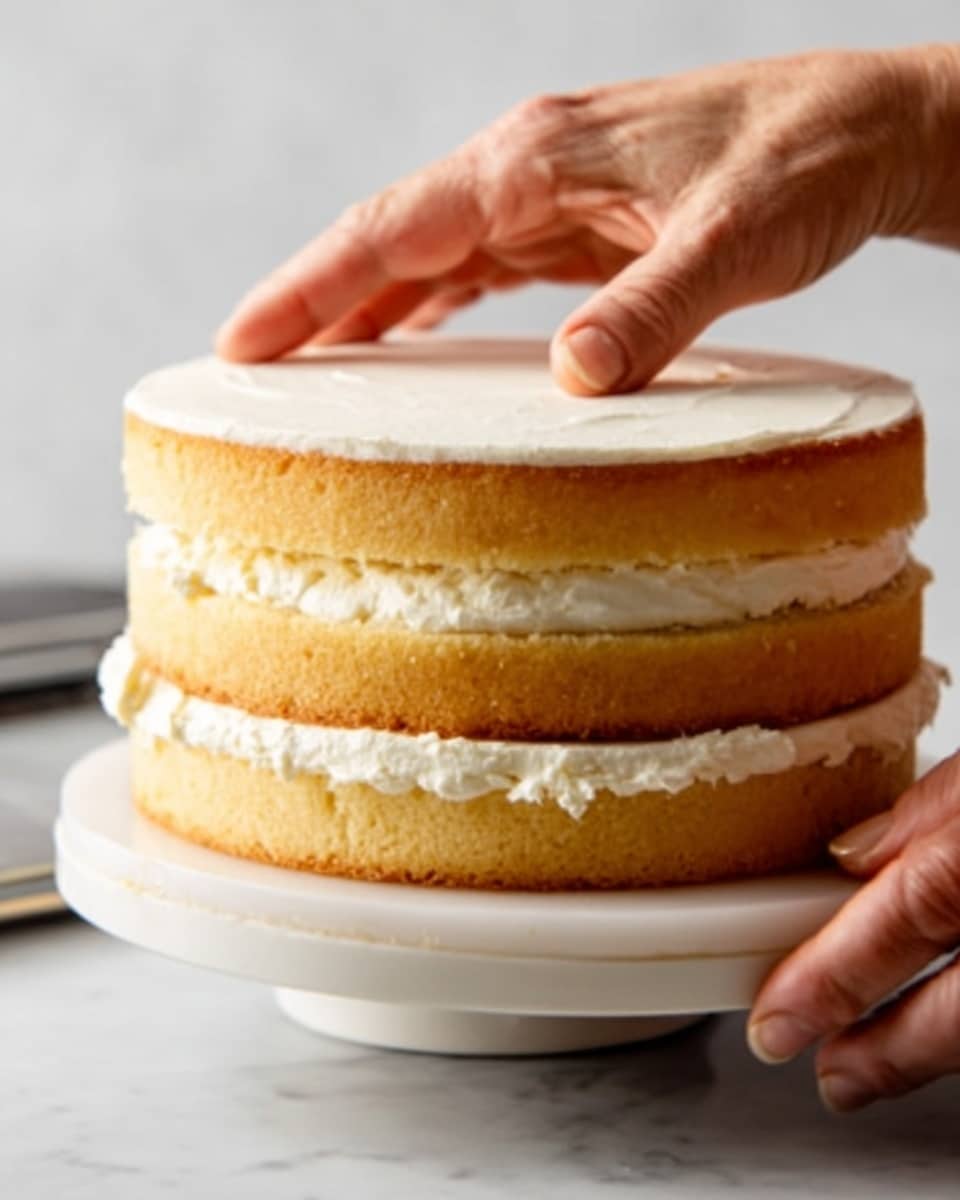 The image shows multiple white plates with layered slices of two kinds of cakes on a white marbled surface. One cake slice has two layers of light beige sponge with white frosting in between and on top, decorated with fresh red raspberries and green mint leaves on the side. The other cake slice has three layers of brownish carrot cake with white frosting between and on top, sprinkled with chopped nuts and coconut flakes. There are gold forks placed on the surface near the plates and a small bowl filled with raspberries. The photo has soft natural light and a clean, bright look. Photo taken with an iphone --ar 4:5 --v 7