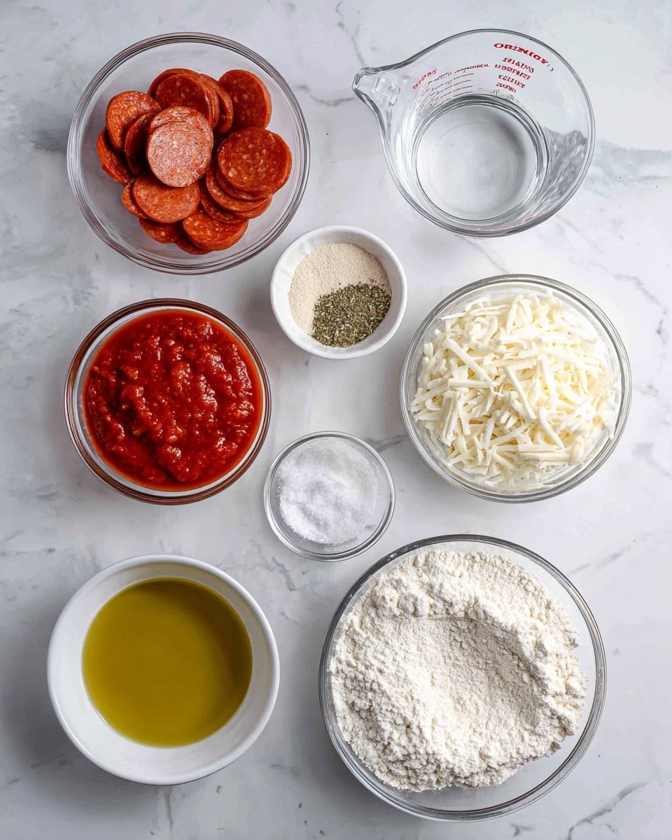 The image shows eight clear glass bowls and a measuring cup arranged on a white marbled surface. The largest bowl at the bottom right holds a heap of white all-purpose flour with a small dip in the center. To the right of it is a bowl with shredded mozzarella cheese, white and slightly creamy in texture. Above this bowl is a clear measuring cup filled with clear water. To the top left is a bowl filled with thin round slices of red-brown sausage labeled toppings. In the center middle is a small bowl of light brown instant yeast granules. Below it is a tiny bowl of coarse white salt. At the bottom left is a bowl filled with bright red marinara sauce dotted with herbs. Next to it is a bowl of yellow-green olive oil with a shiny surface reflecting light. Each ingredient is labeled with black and white text. The setup is neat and evenly spaced. Photo taken with an iphone --ar 4:5 --v 7