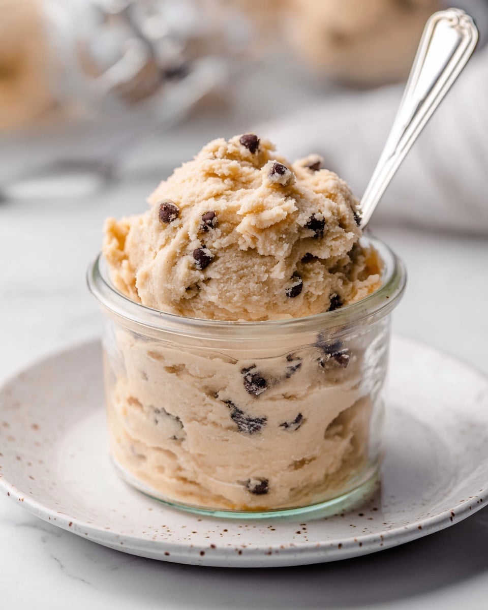 The image shows a glass jar filled with light beige cookie dough that has small dark brown chocolate chips mixed throughout. The dough is soft and creamy in texture, overflowing slightly above the rim of the jar in a fluffy, uneven mound. There is a silver spoon inserted into the dough on the right side, resting inside the jar. The jar sits on a white plate with a subtle speckled pattern, all placed on a smooth white marbled surface. In the background, blurred shapes suggest kitchen items, but the focus remains sharp on the jar of dough. photo taken with an iphone --ar 4:5 --v 7