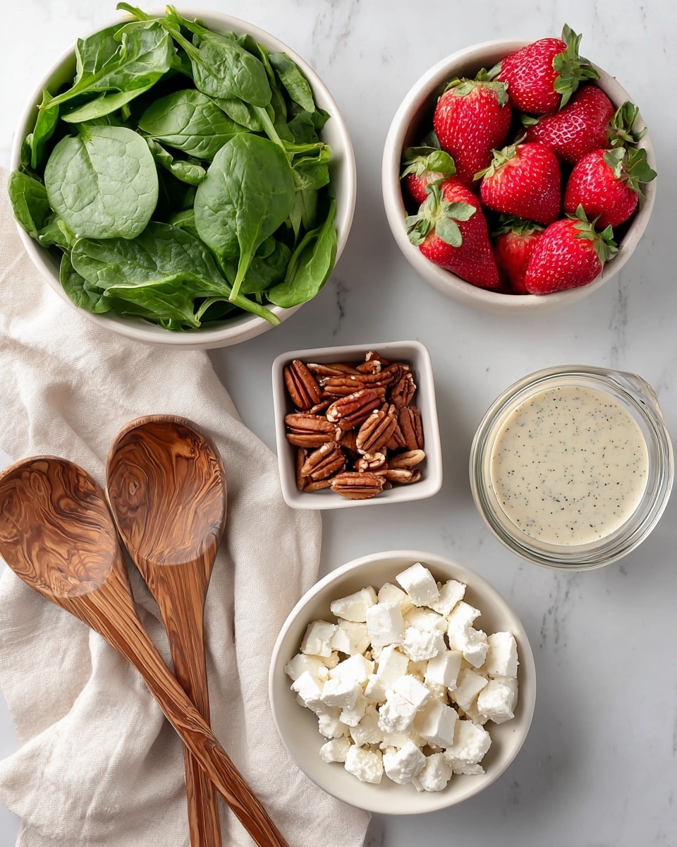 The image shows six white bowls with different salad ingredients placed on a white marbled surface. The largest bowl at the top left is filled with fresh green spinach leaves with visible texture and veins. To its right is a small square bowl containing medium brown pecans arranged neatly. Below the spinach is a medium-sized bowl filled with bright red strawberries, some with green leafy tops, showing their smooth and slightly bumpy texture. Next to the strawberries on the right is a glass container with creamy poppyseed dressing, light beige with small black seeds scattered inside. Below the dressing is a medium bowl full of white feta cheese cubes with a crumbly texture. To the left of all these bowls are two long wooden salad utensils with a warm brown color resting on a soft white cloth. Photo taken with an iphone --ar 4:5 --v 7