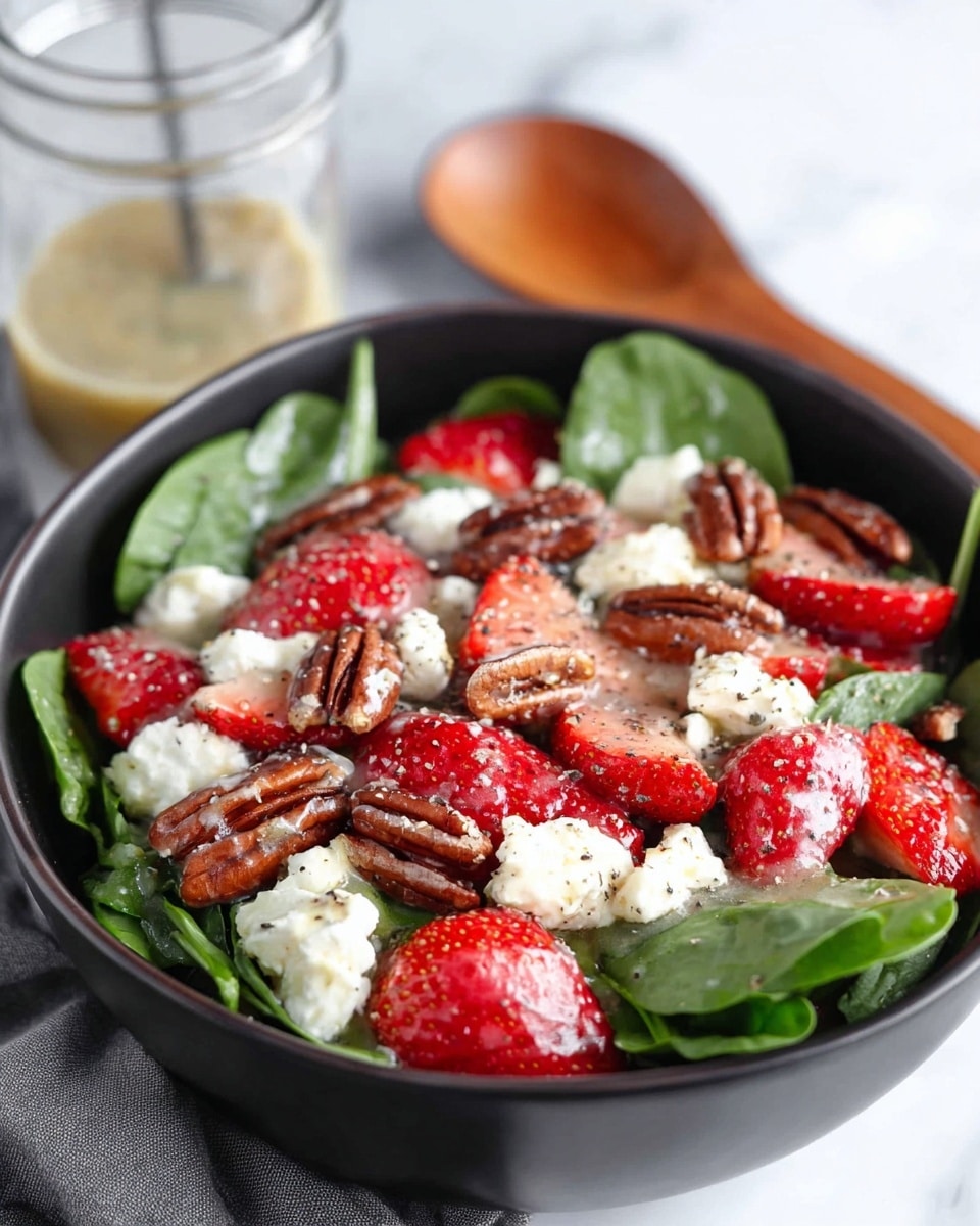 A black bowl filled with a salad composed of a base layer of fresh green spinach leaves, topped with bright red sliced strawberries, white chunks of soft cheese scattered evenly, and whole brown pecans placed on top. A light dressing with visible black pepper is drizzled over the salad. The bowl sits on a white marbled surface, with a glass jar of dressing and a wooden spoon blurred in the background. photo taken with an iphone --ar 4:5 --v 7