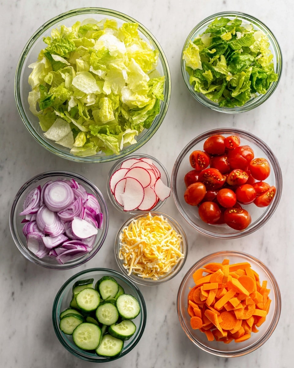 The image shows eight clear glass bowls with different fresh vegetables and cheese arranged on a white marbled surface. The largest bowl at the top left is filled with light green, crisp torn lettuce leaves. To its right is a medium bowl with darker green lettuce leaves. Below the large bowl and to the left is a smaller bowl containing thin white and red slices of radishes. Near the center is a small bowl of shredded yellow and white cheddar cheese. To the right of the cheese is a medium bowl full of halved bright red cherry tomatoes. Below the cherry tomatoes is a bowl filled with round green cucumber slices. In the bottom left corner is a smaller bowl with thin slices of purple red onion rings. Finally, at the bottom right is a small bowl with bright orange carrot sticks. Each ingredient is clearly visible through the clear bowls, creating a colorful and fresh display. photo taken with an iphone --ar 4:5 --v 7