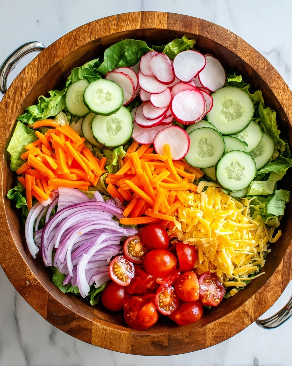 A wooden bowl with silver handles holds a fresh salad arranged in six sections on a bed of green leafy lettuce. Starting from the top left going clockwise, there is a layer of round, light green cucumber slices with a slightly darker green outer edge, followed by thin round slices of red-edged white radishes. Next to the radishes is a pile of thin, short orange strips of carrot. Below the carrots, there are thinly sliced crescent-shaped rings of purple and white red onions. In the last two sections, there are bright red halved cherry tomatoes and a mix of shredded yellow and white cheese. The bowl is placed on a white marbled surface. Photo taken with an iphone --ar 4:5 --v 7
