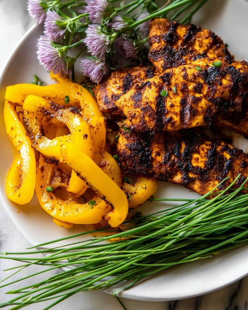 A white plate holds a dish with three layers: at the bottom, there are bright yellow grilled bell pepper slices with visible char marks, adding a slightly blackened texture; on top of these peppers lie three pieces of grilled, spiced chicken with dark grill lines and a reddish-brown seasoning coating, showing a crispy texture; on the right side, a bunch of fresh green chives with long thin stems and several light purple chive flowers rests against the chicken. The background is a white marbled texture. photo taken with an iphone --ar 4:5 --v 7