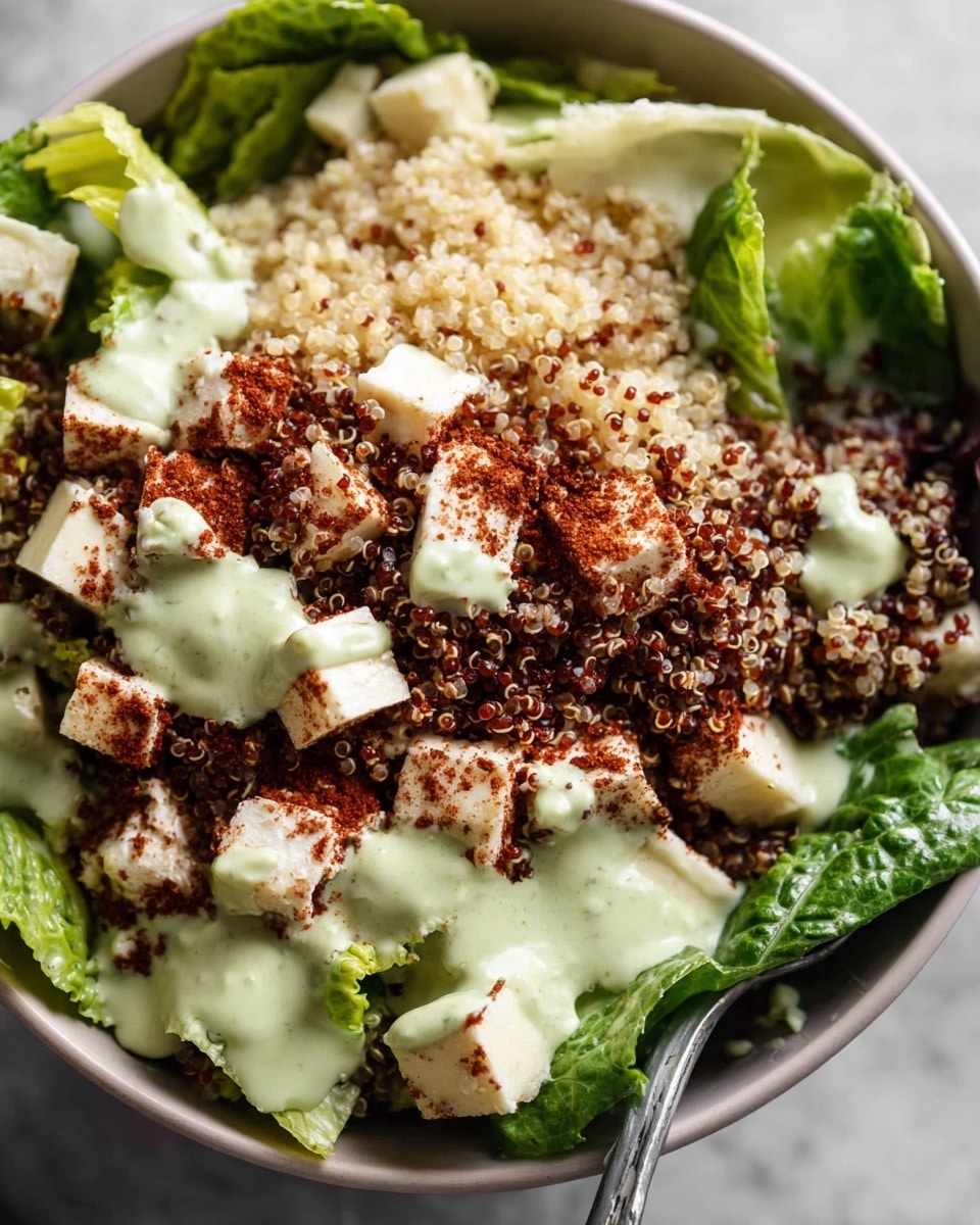 A close-up view of a salad in a white bowl on a white marbled surface, showing several layers: the bottom layer is dark green leafy romaine lettuce, fresh and crisp; on top of that is a thick layer of light beige cooked quinoa scattered unevenly; over the quinoa, there are small white cubes of cheese spread throughout; sprinkled on top is a generous dusting of reddish-brown spice powder that adds texture; drizzled over everything is a creamy, pale green dressing coming from the top center; a silver fork is partly visible on the right, resting in the salad. photo taken with an iphone --ar 4:5 --v 7