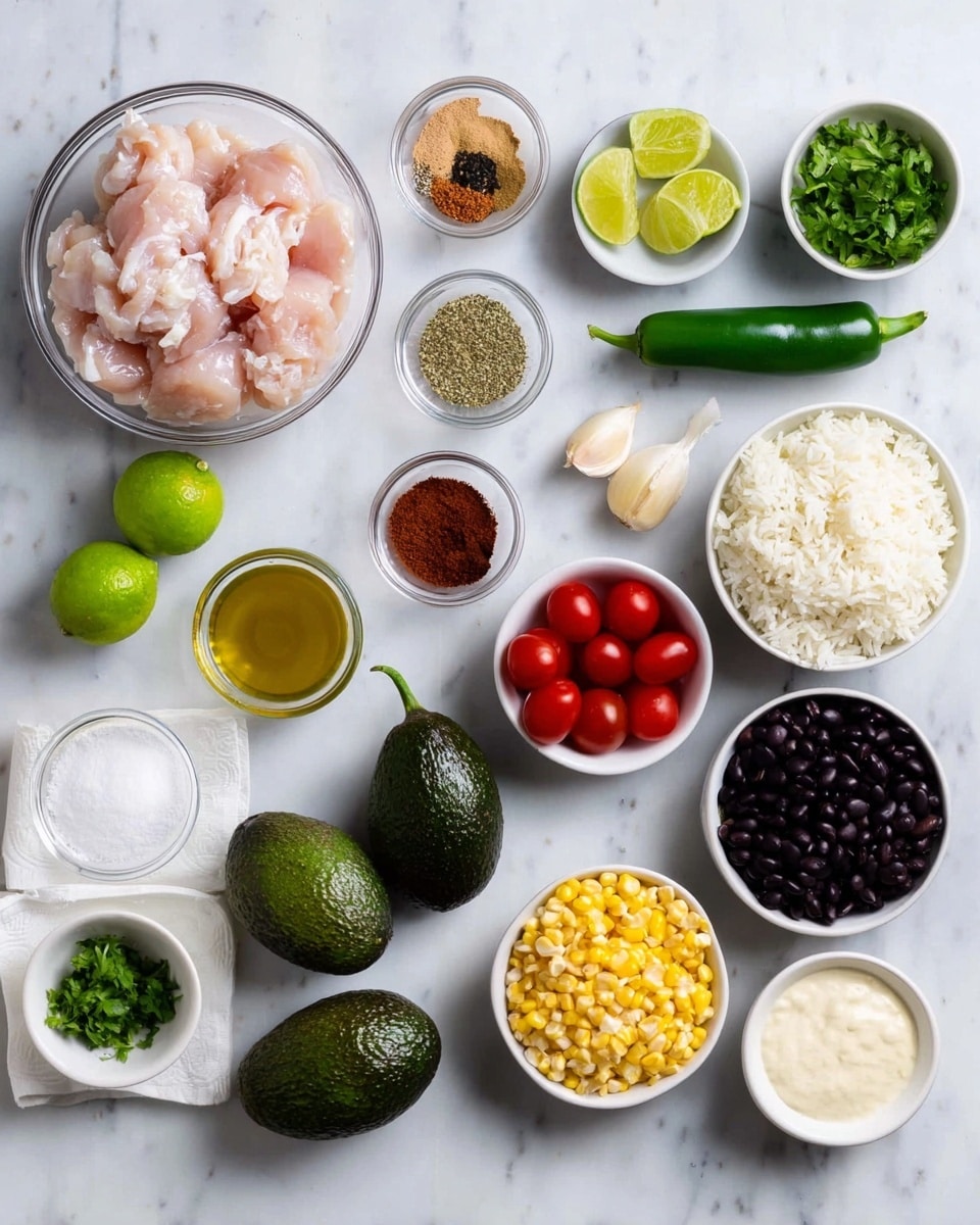 The image shows various ingredients laid out on a white marbled surface. There is a glass bowl filled with raw pink chicken strips on the left. Small white bowls hold different spices and seasonings: a light brown powder, ground herbs, white salt, red chili powder, and black pepper. There are three cloves of garlic, a dark green jalapeno pepper, and a small bowl of golden oil. Two bright green limes and a small white bowl with cherry red tomatoes sit near two dark green avocados. Two small glass bowls hold creamy white and pale yellow sauces, next to fresh green cilantro on a white paper towel. To the right, there is a white bowl with yellow corn kernels, a white bowl of black beans, two small dark green cucumbers, and a deep white bowl filled with white rice garnished with small green herbs. All items are neatly arranged and well-lit. photo taken with an iphone --ar 4:5 --v 7