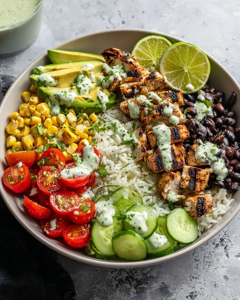 A bowl filled with five key layers arranged side by side: at the bottom lies white rice, topped on one side with grilled chicken pieces showing dark grill marks and sprinkled with a light green creamy sauce and small green herbs. Next to the chicken, there are fresh avocado slices also drizzled with the same light green sauce. Moving clockwise, there is a mix of black beans and yellow corn, also lightly sauced. Following that is a layer of sliced light green cucumbers paired with halved red cherry tomatoes, both with a light drizzle of the green sauce and small green herbs scattered on top. The bowl is white and sits on a white marbled textured surface. Two lime wedges sit on top of the avocado for a fresh garnish. Photo taken with an iphone --ar 4:5 --v 7