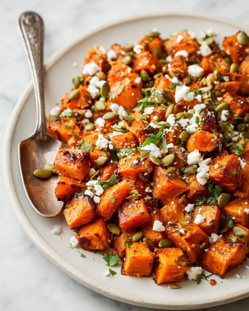 The dish shows many small, cubed orange sweet potatoes that look roasted with a slight crispy texture, spread across a white plate with a spoon on the side. On top, there are light green pumpkin seeds, white crumbled cheese sprinkled all over, and bits of chopped green herbs adding fresh color. The sweet potatoes have a warm, slightly shiny surface with some brown edges, and the plate sits on a white marbled background. photo taken with an iphone --ar 4:5 --v 7