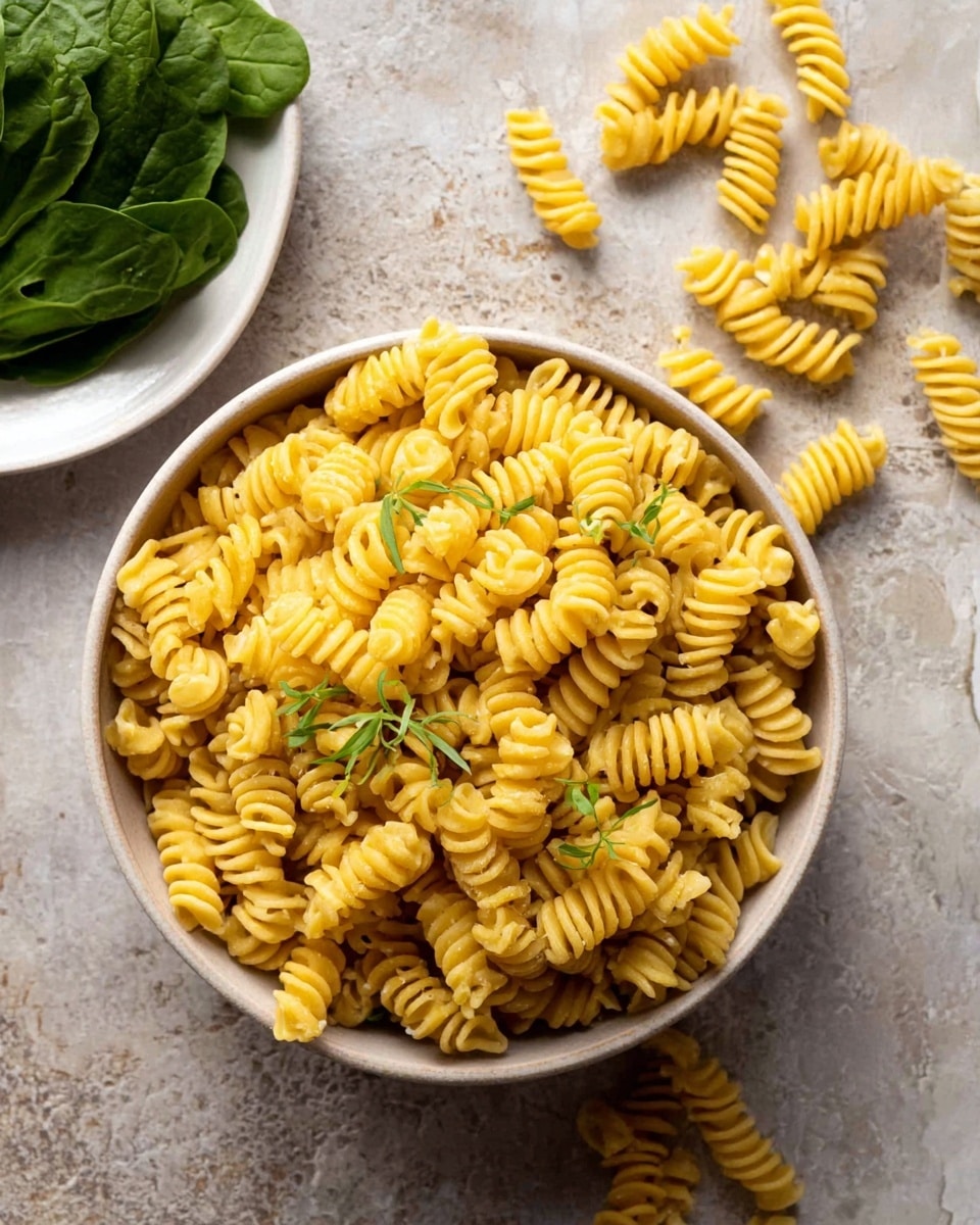 A round white bowl filled with yellow radiatori pasta pieces that have ridges and spiral shapes, with a few small green herb sprigs placed on top as decoration. Several pasta pieces are scattered outside the bowl on a textured surface. To the left, there is a small white plate with fresh green spinach leaves. The background shows a white marbled texture. Photo taken with an iphone --ar 4:5 --v 7