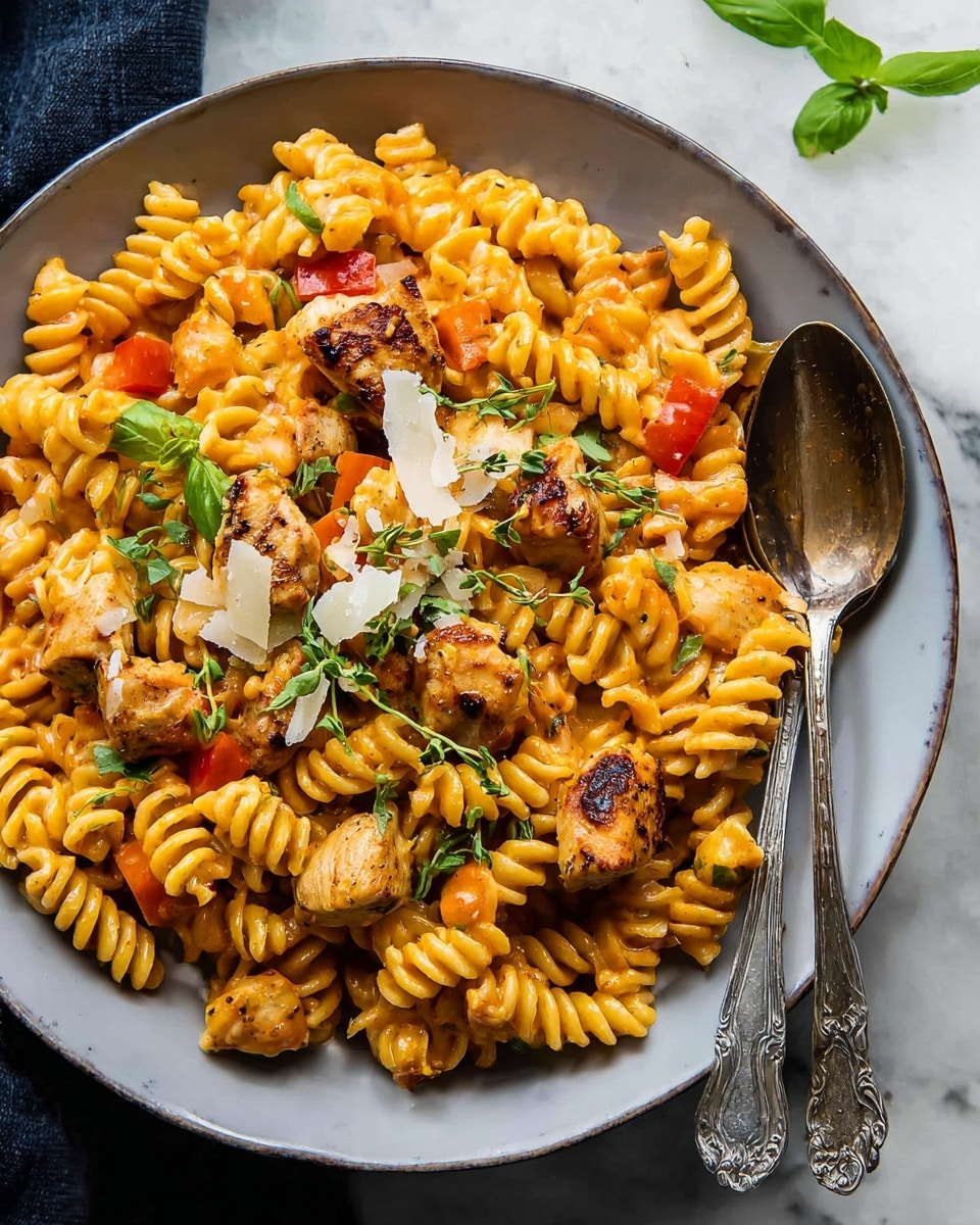 A white plate filled with creamy orange-yellow spiral pasta mixed with browned, grilled chicken pieces and small chunks of red bell pepper. The pasta and chicken are coated in a smooth sauce, and there are green fresh basil leaves and sprigs of thyme on top, along with thin white cheese shavings scattered across. A vintage silver fork and spoon rest on the right side of the plate. The plate is placed on a white marbled surface. Photo taken with an iphone --ar 4:5 --v 7